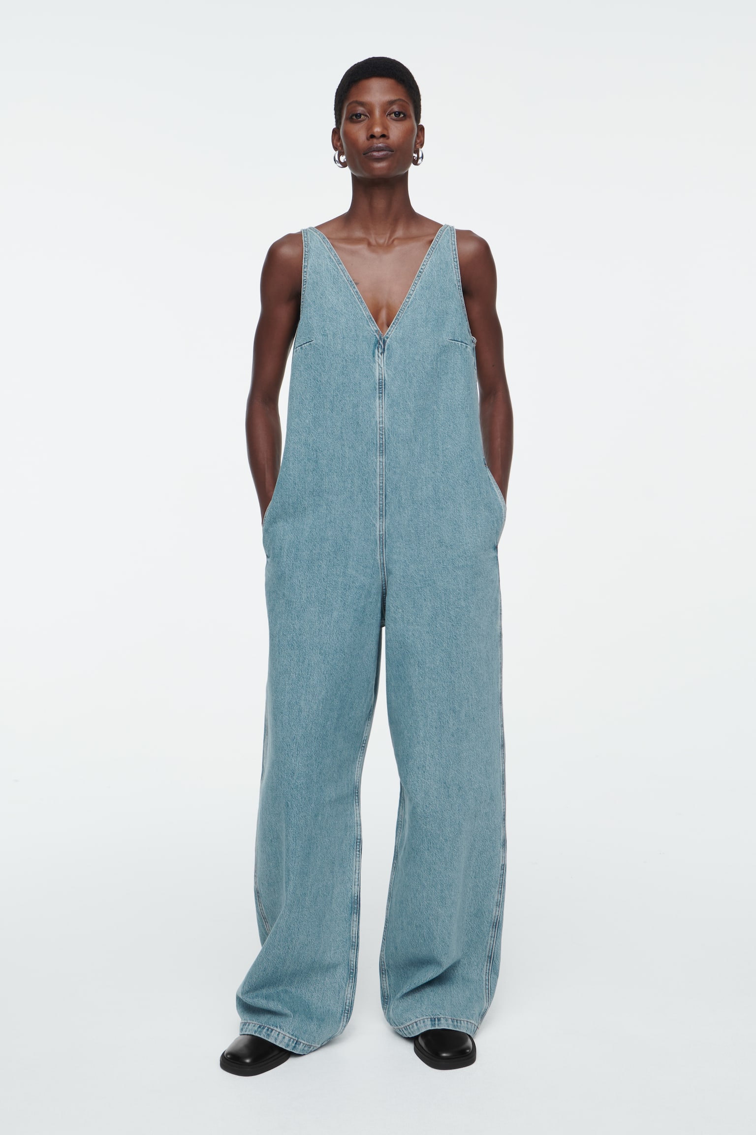 V-NECK DENIM JUMPSUIT - LIGHT BLUE - 1