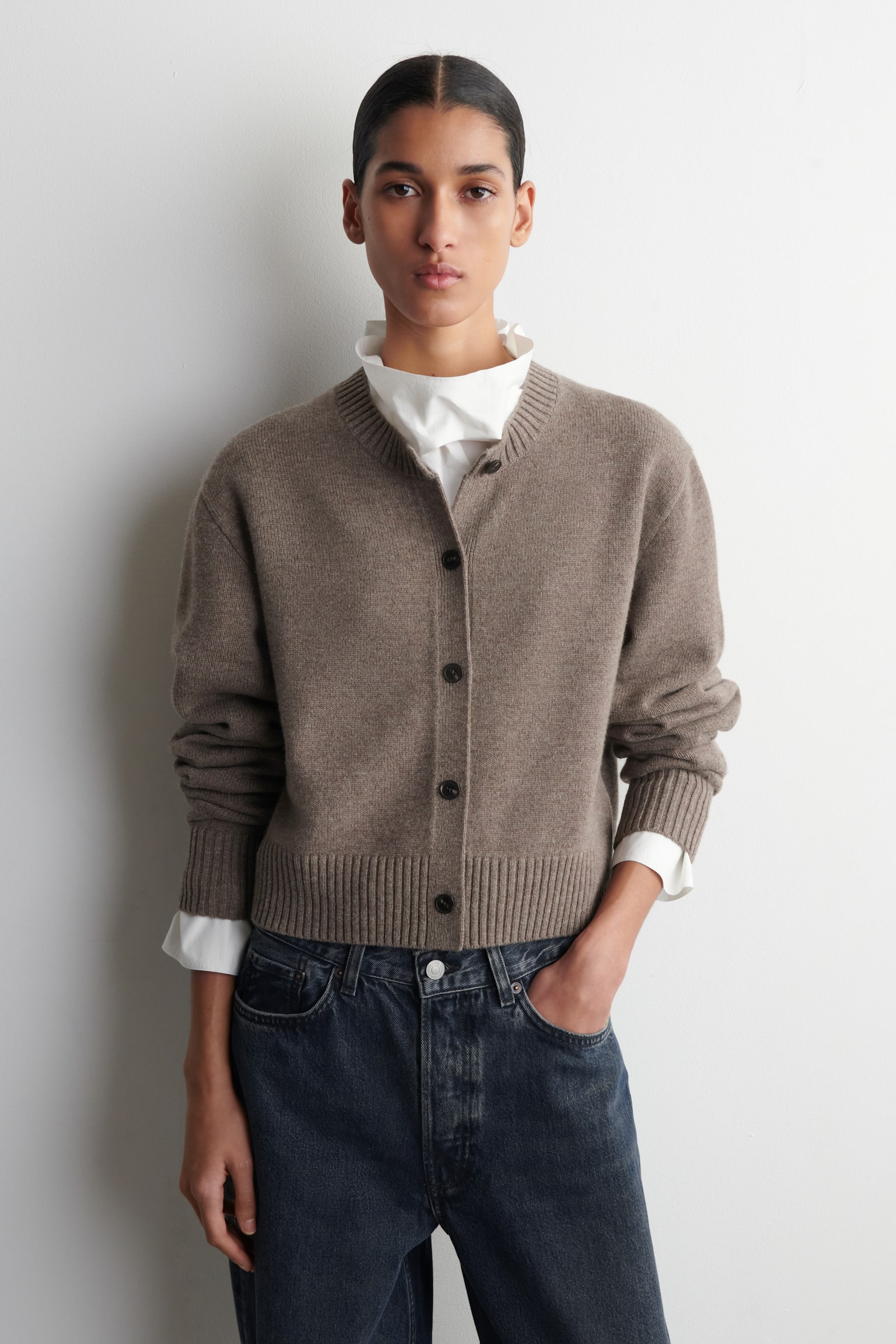 MERINO WOOL CARDIGAN - BEIGE MÉLANGE/BLACK/BUTTER YELLOW - 1