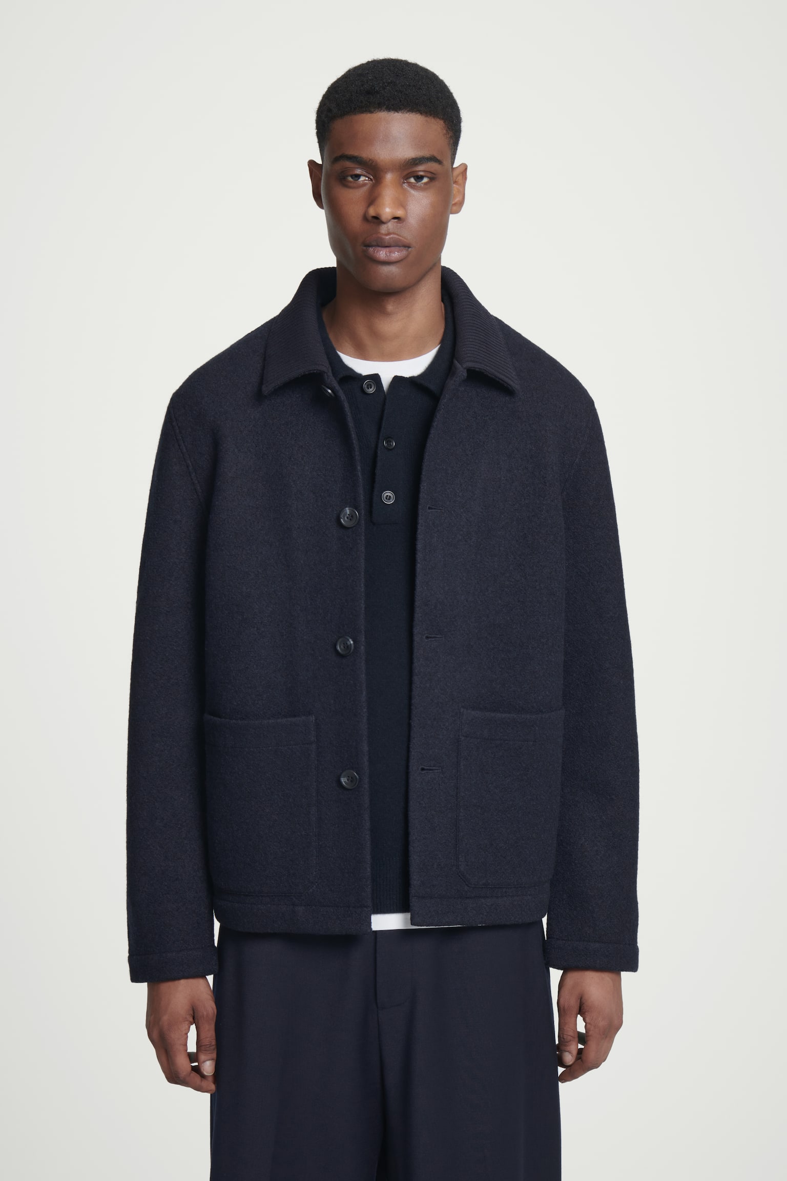 BOILED-WOOL CHORE JACKET - NAVY/DARK BROWN - 1