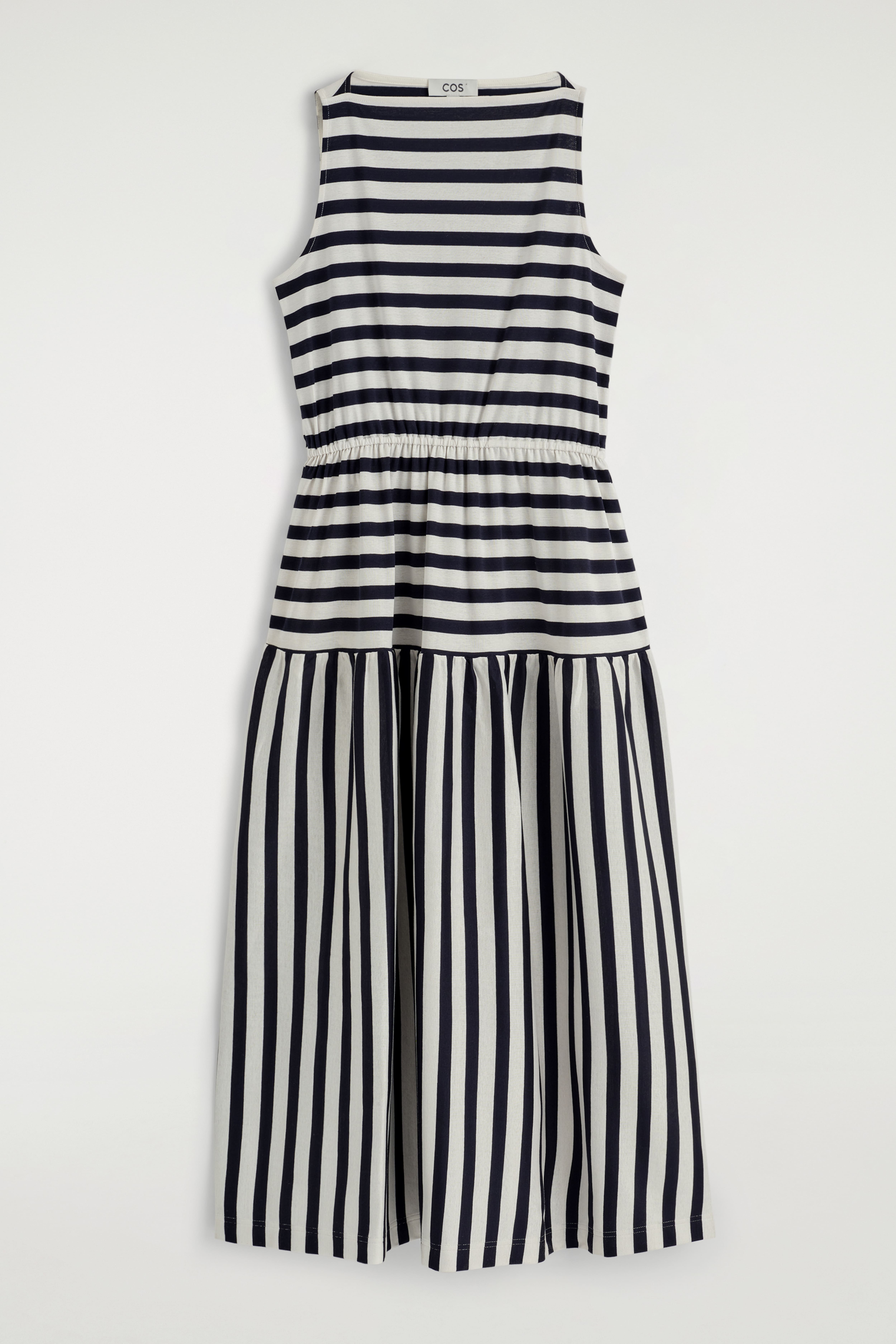 RYNKET MIDIKJOLE MED BÅDUDSKÆRING - MARINEBLÅ / HVID / STRIBET/MARINEBLÅ