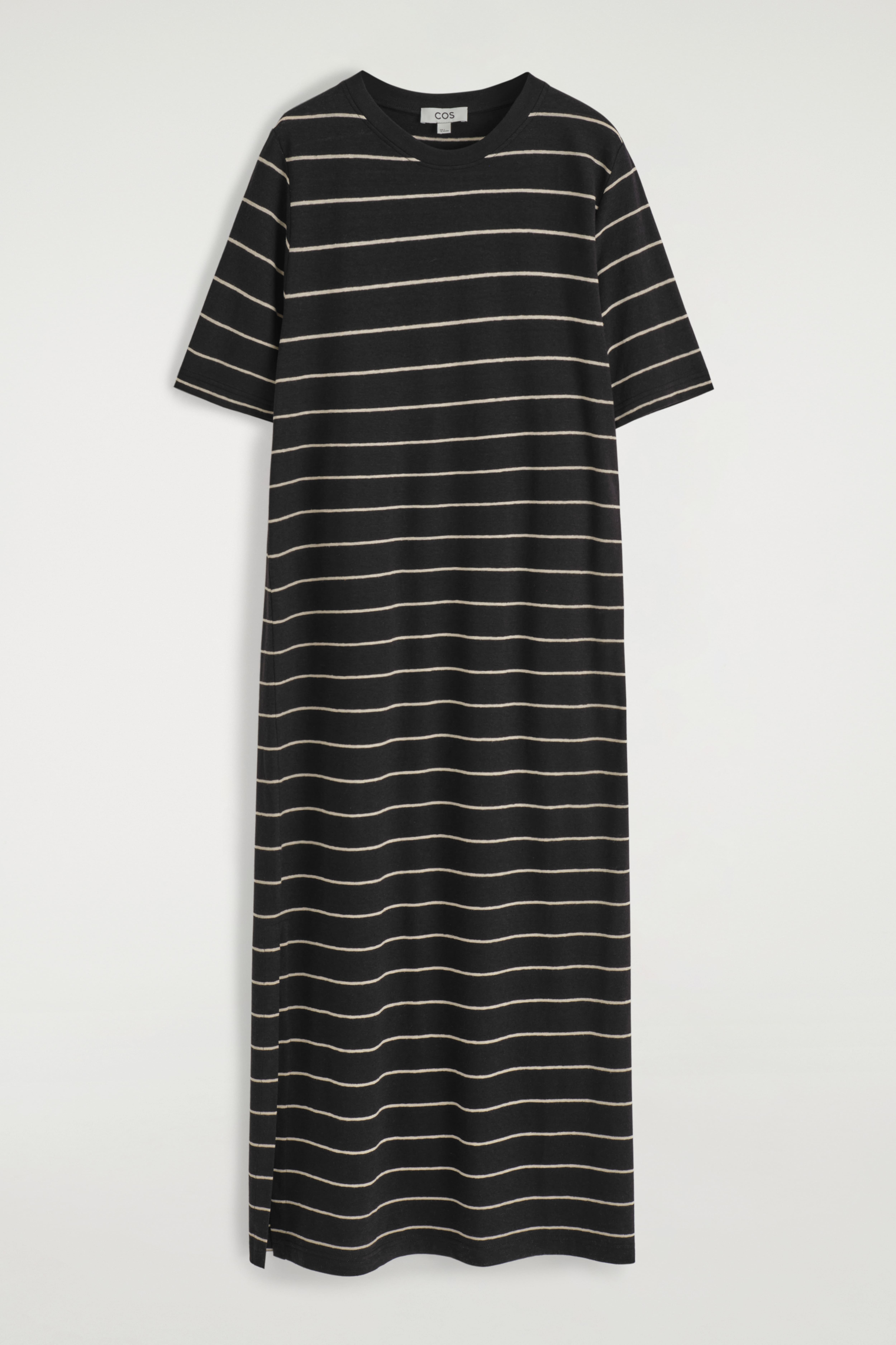 COTTON-LINEN MAXI T-SHIRT DRESS - BLACK / WHITE / STRIPED
