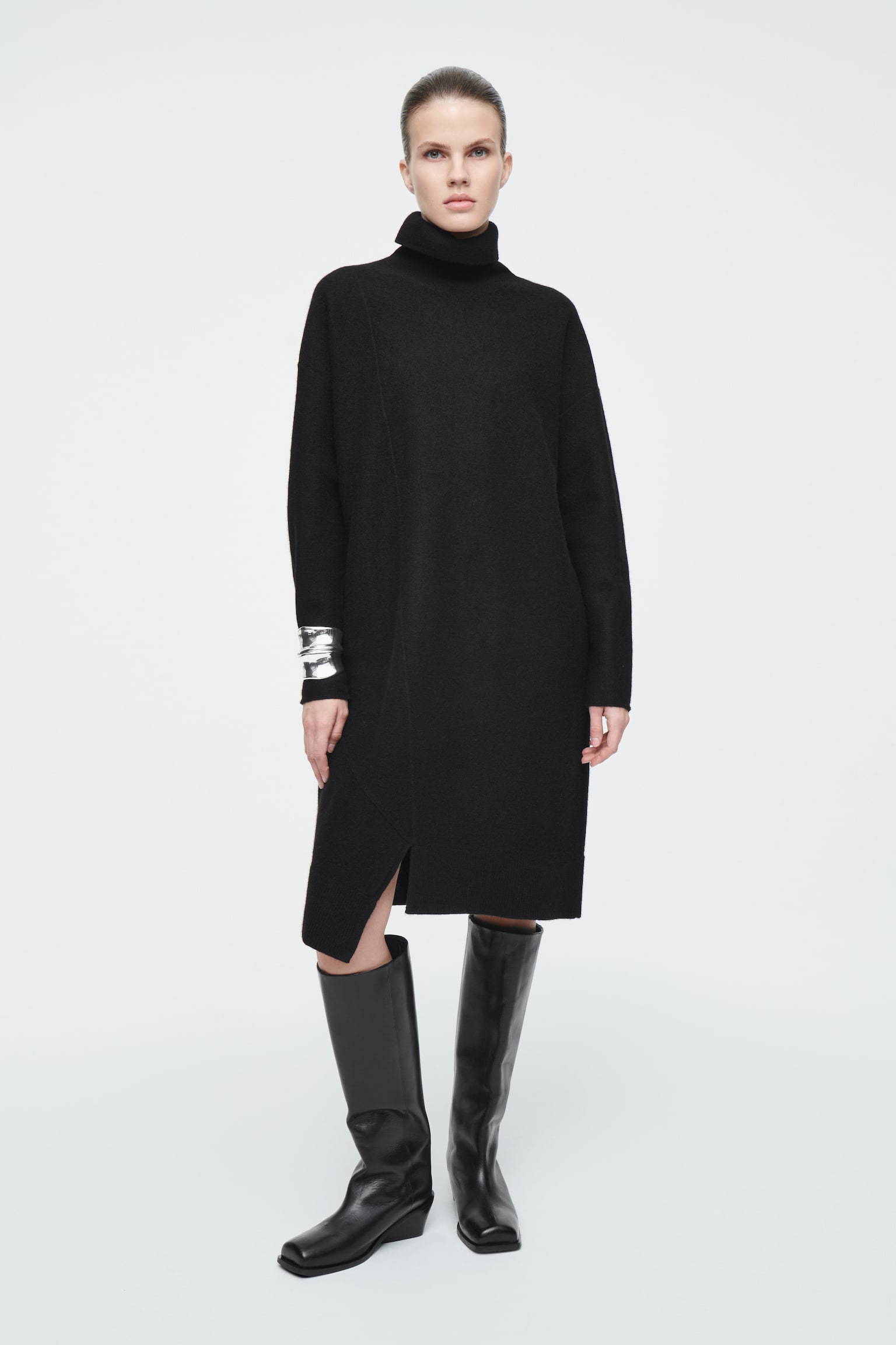 ASYMMETRIC MERINO WOOL DRESS - BLACK/DARK GREY - 1