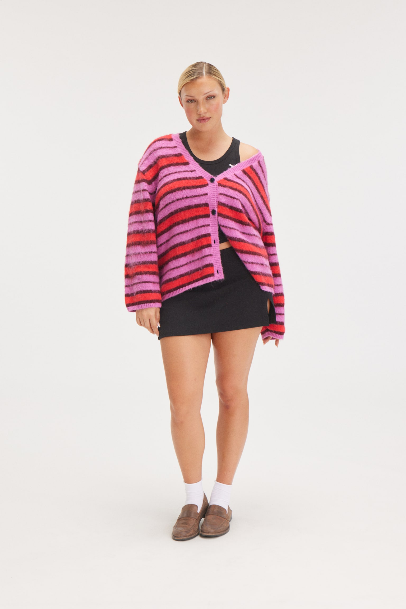 Fluffy knit cardigan - Pink & Red Stripe/Purple Multi Stripe - 1