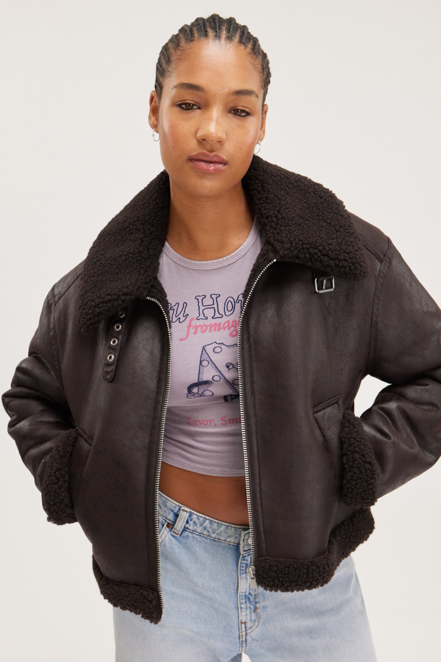 Cropped Faux Leather Biker Jacket - Dark Brown/Silver - 1