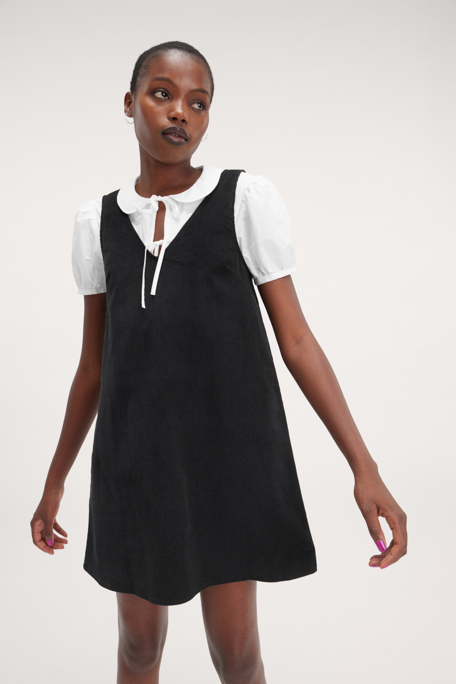 Mini Corduroy Pinafore Dress - Black/Light Dusty Lilac - 1