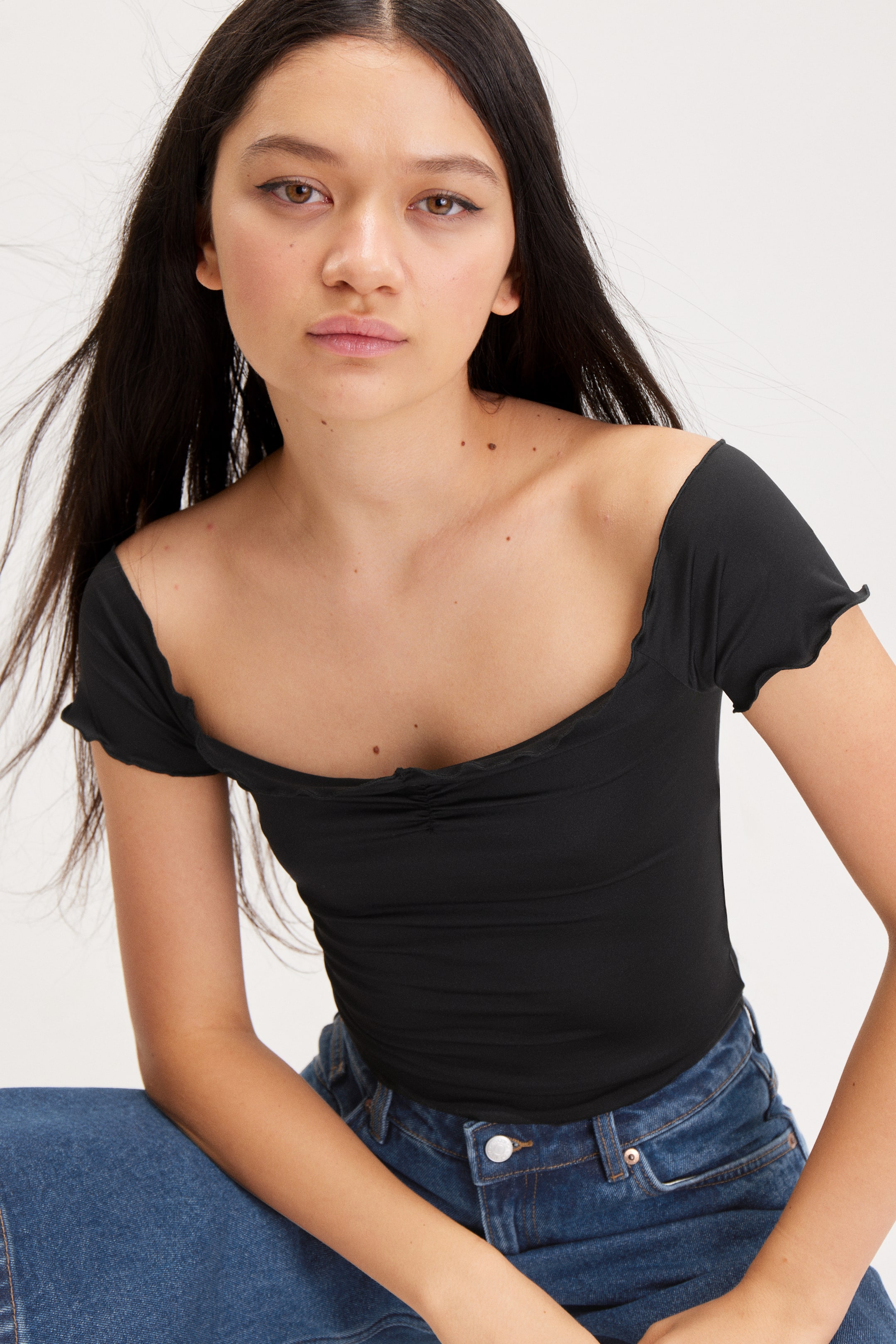 Cropped Off Shoulder Top Black Ladies Handm Gb