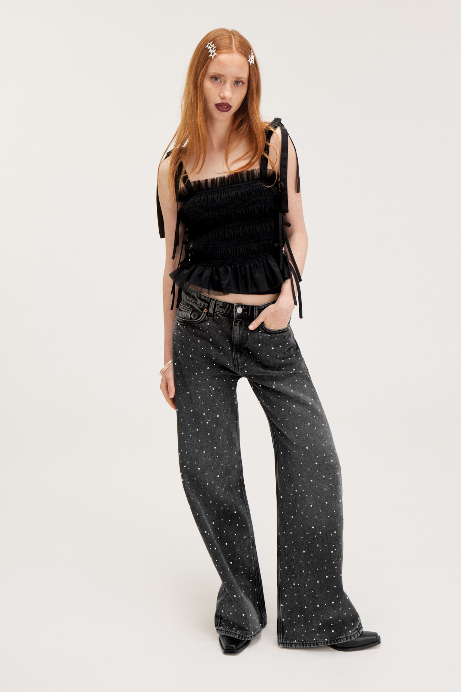 Paz mid-waist raka jeans med strass - Svart med strass - 1