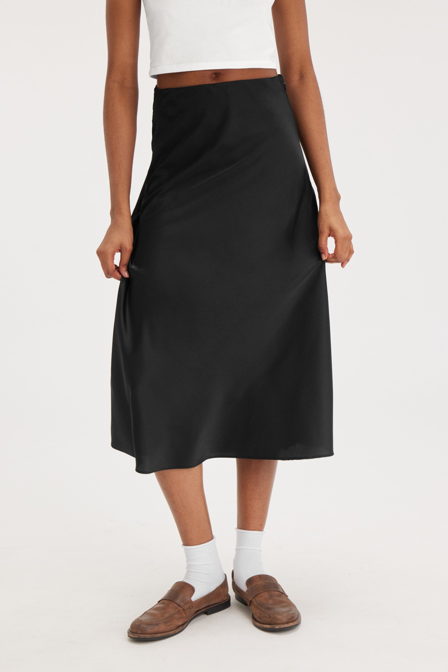 Satin midi skirt - Black/Cream - 4