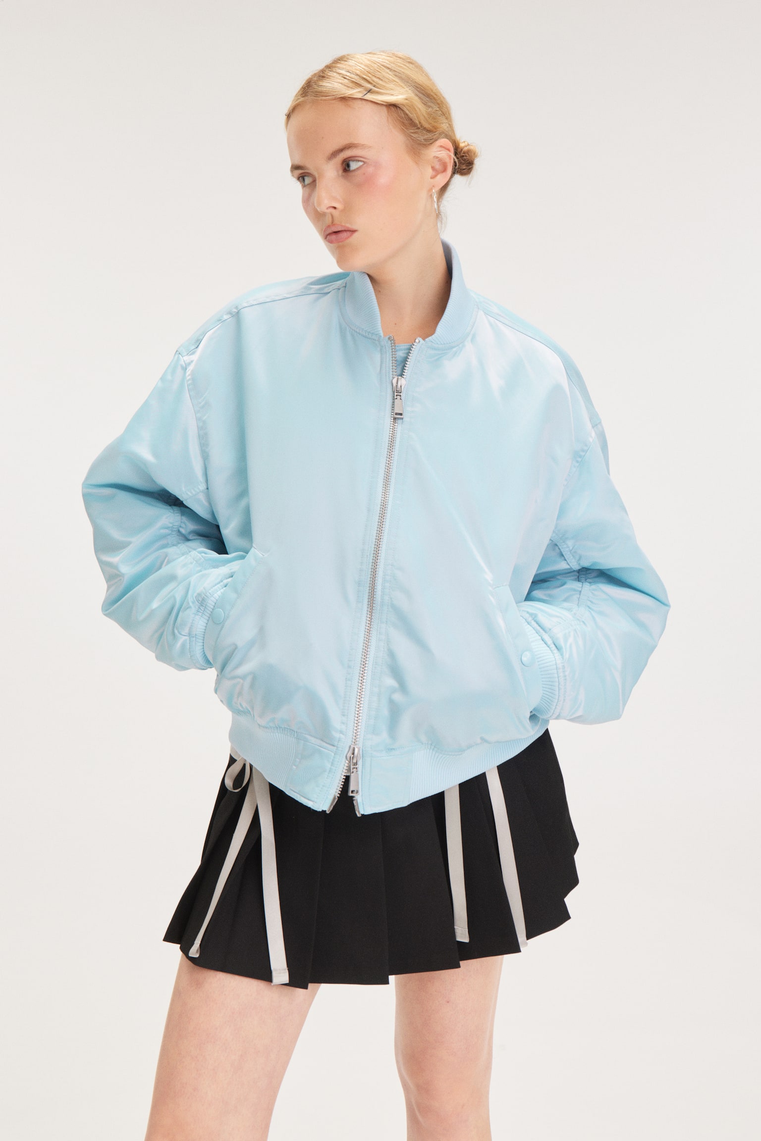 Loose Satin Bomber Jacket - Light Blue/Dark Khaki Green/Dark Brown - 1