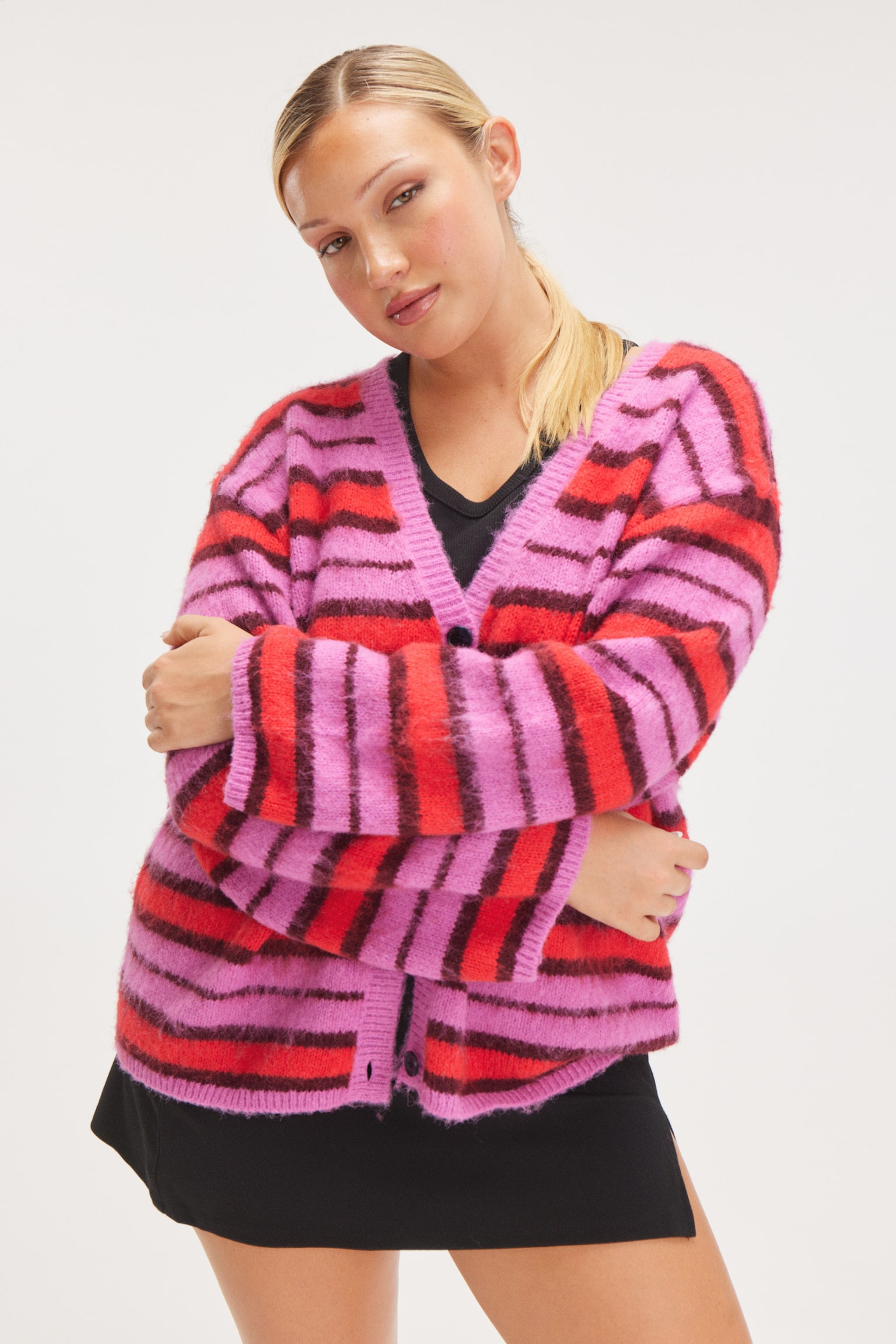 Fluffy knit cardigan - Pink & Red Stripe/Purple Multi Stripe - 5