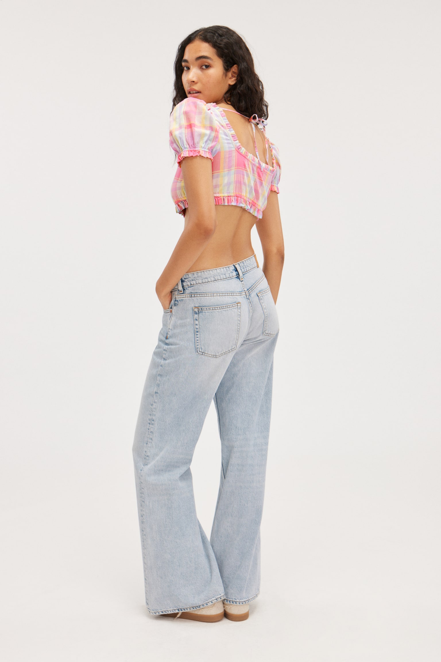 Cropped Puffy Sleeve Top - Pink/Yellow Check - 5