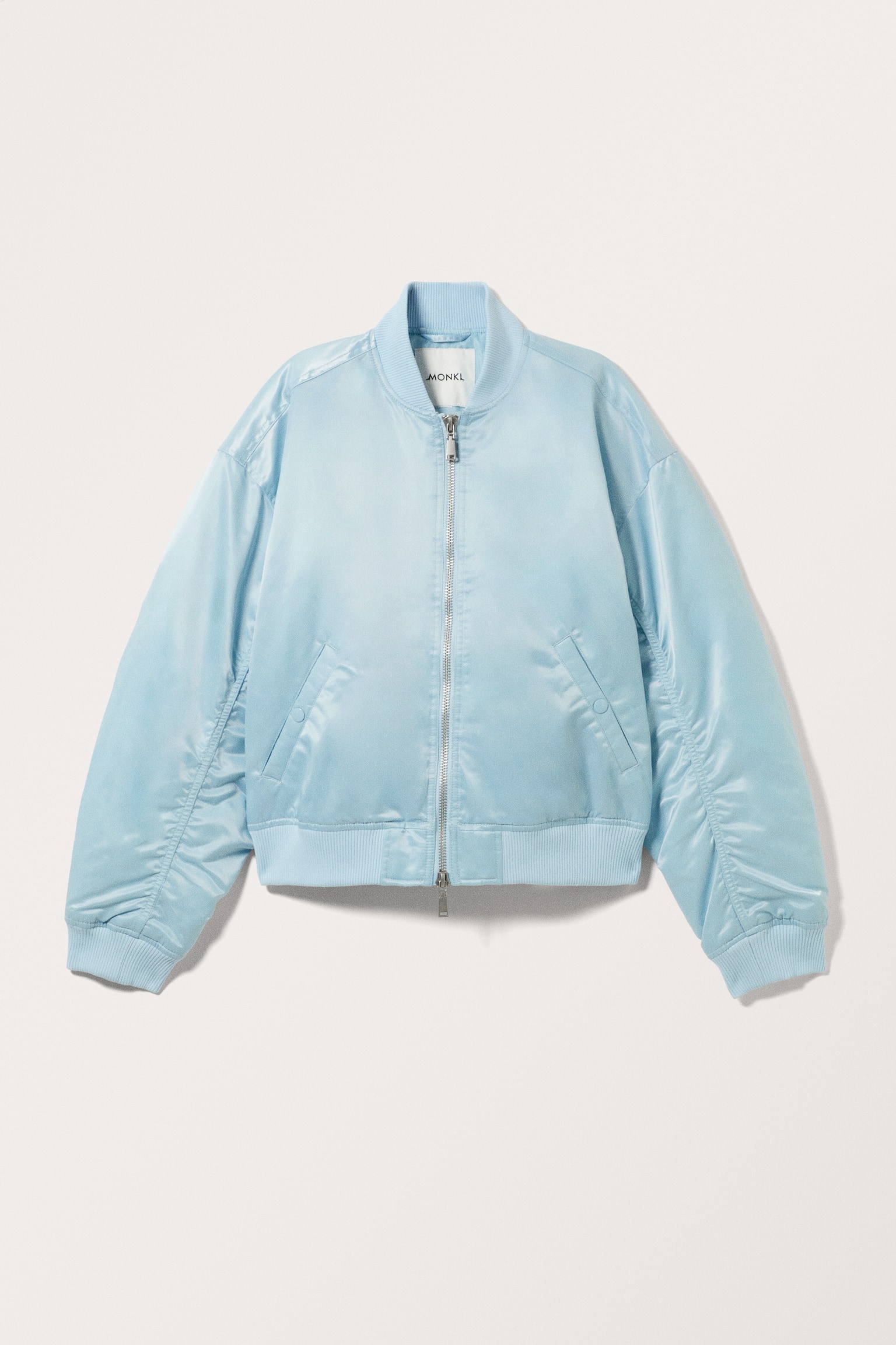 Loose Satin Bomber Jacket - Light Blue/Dark Khaki Green/Dark Brown - 2