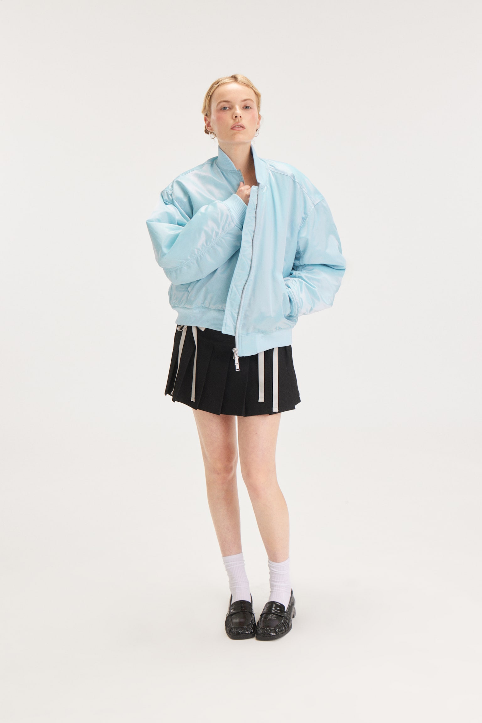 Loose Satin Bomber Jacket - Light Blue/Dark Khaki Green/Dark Brown - 3