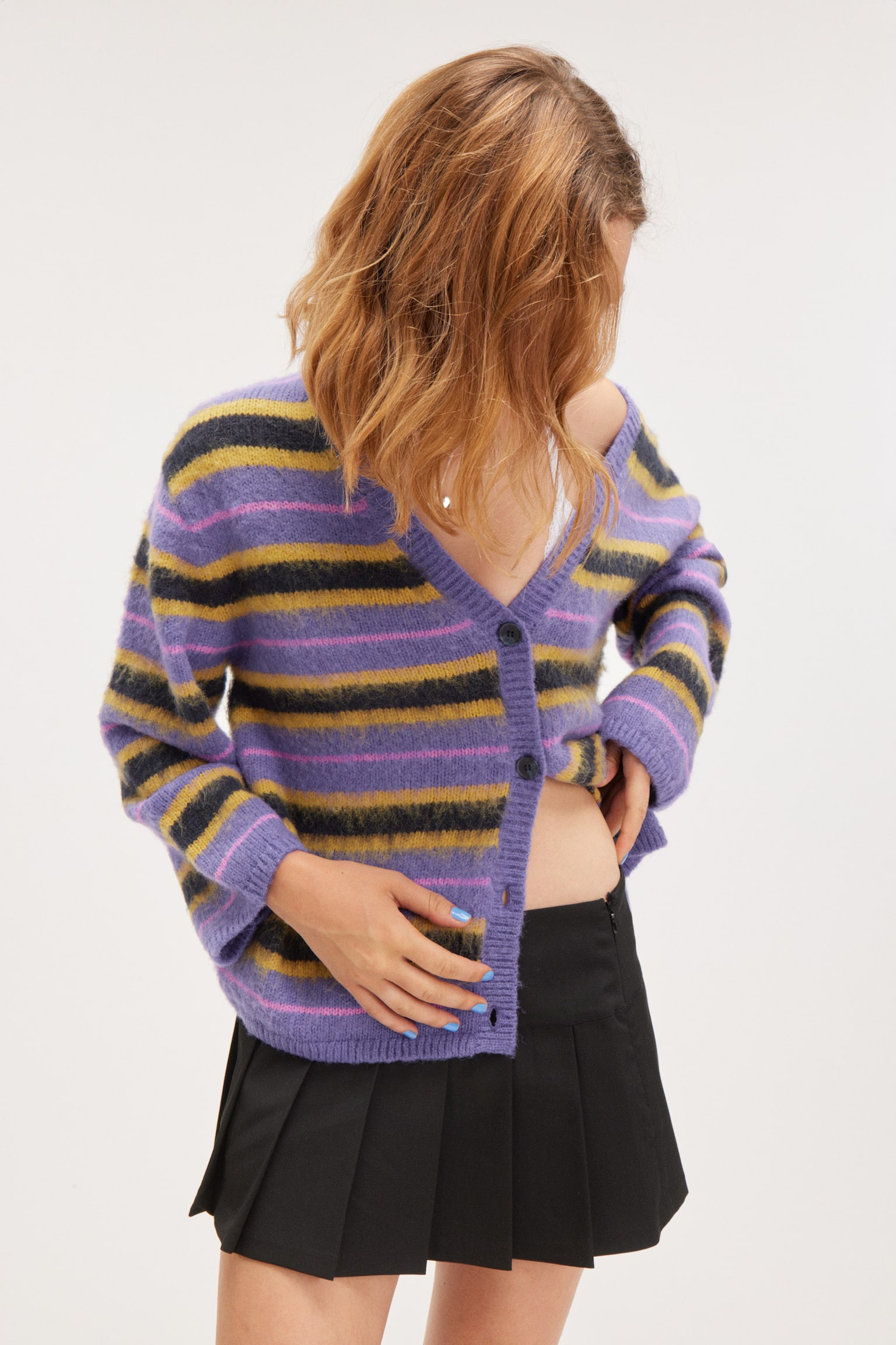 Fluffy knit cardigan - Purple Multi Stripe/Pink & Red Stripe - 5