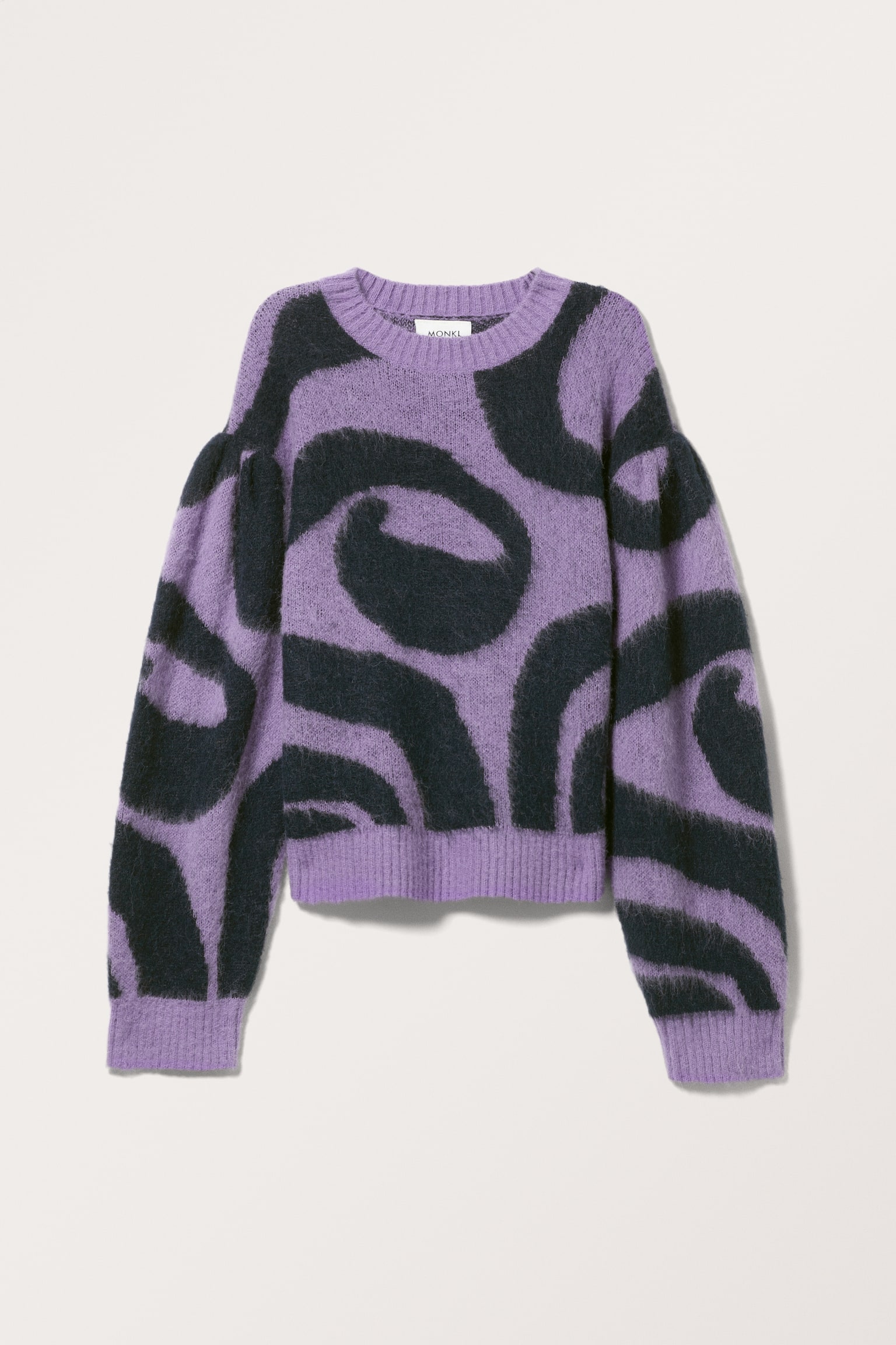 Knitted Puffy Sleeve Sweater - Purple - Black Swirls/Blue - Pink Swirls - 2