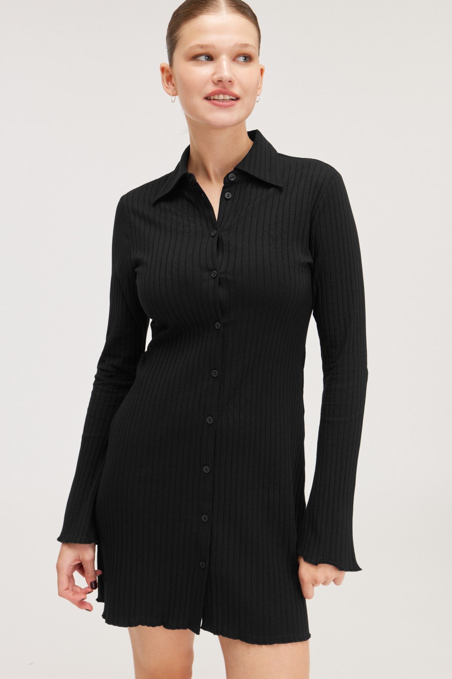 Long Sleeve Mini Shirt Dress - Black/Dark Khaki Green - 3