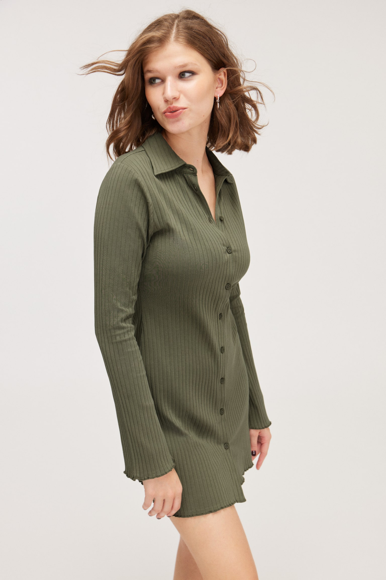 Long Sleeve Mini Shirt Dress - Dark Khaki Green/Black - 3