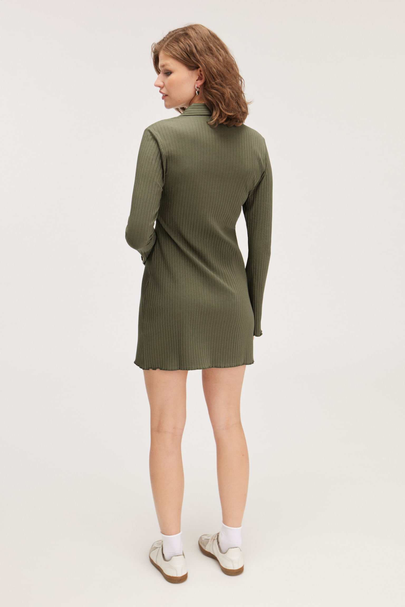 Long Sleeve Mini Shirt Dress - Dark Khaki Green/Black - 5