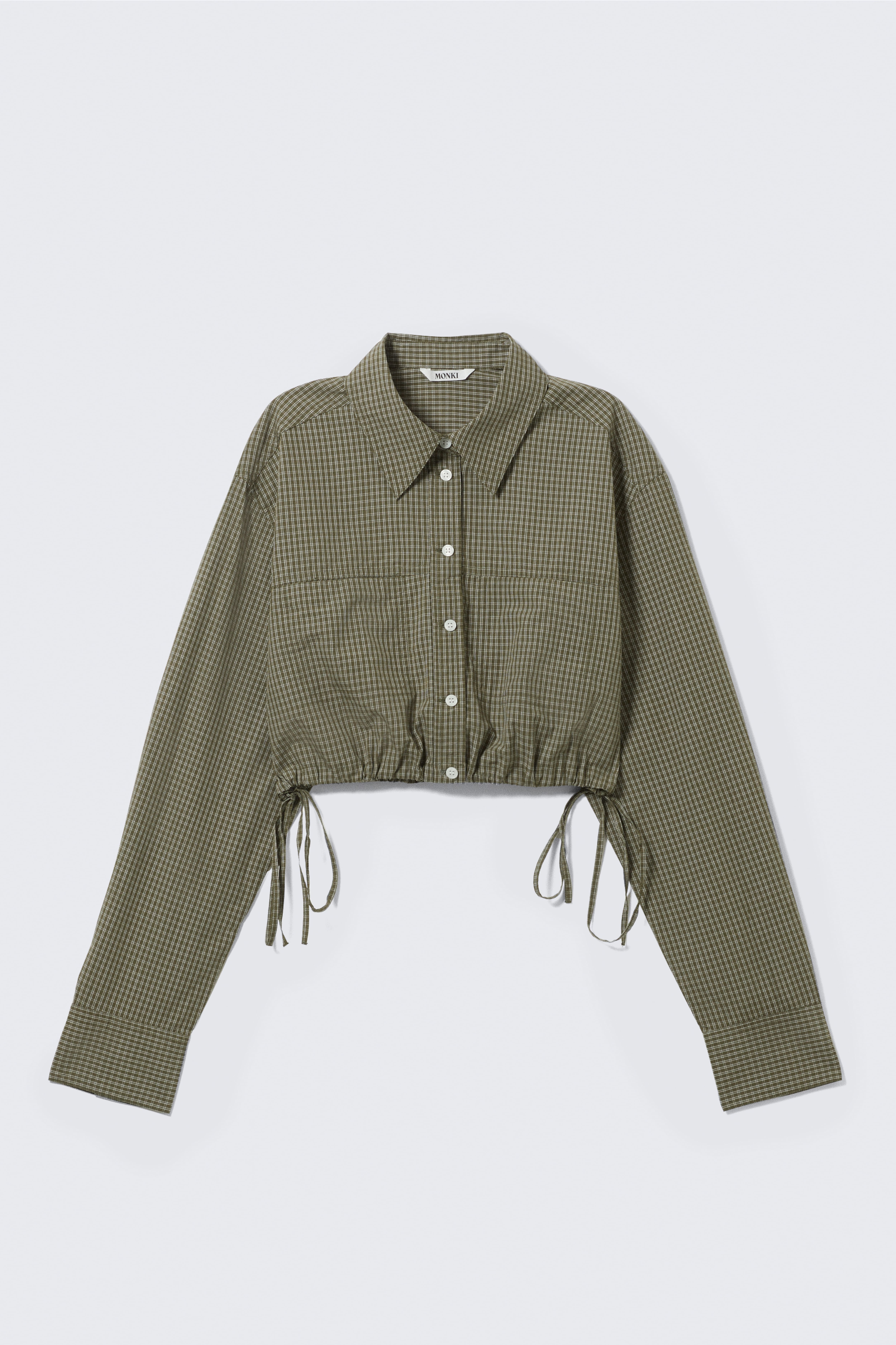 Cropped Loose Cargo Shirt - Checked Dark Khaki Green/Light Blue