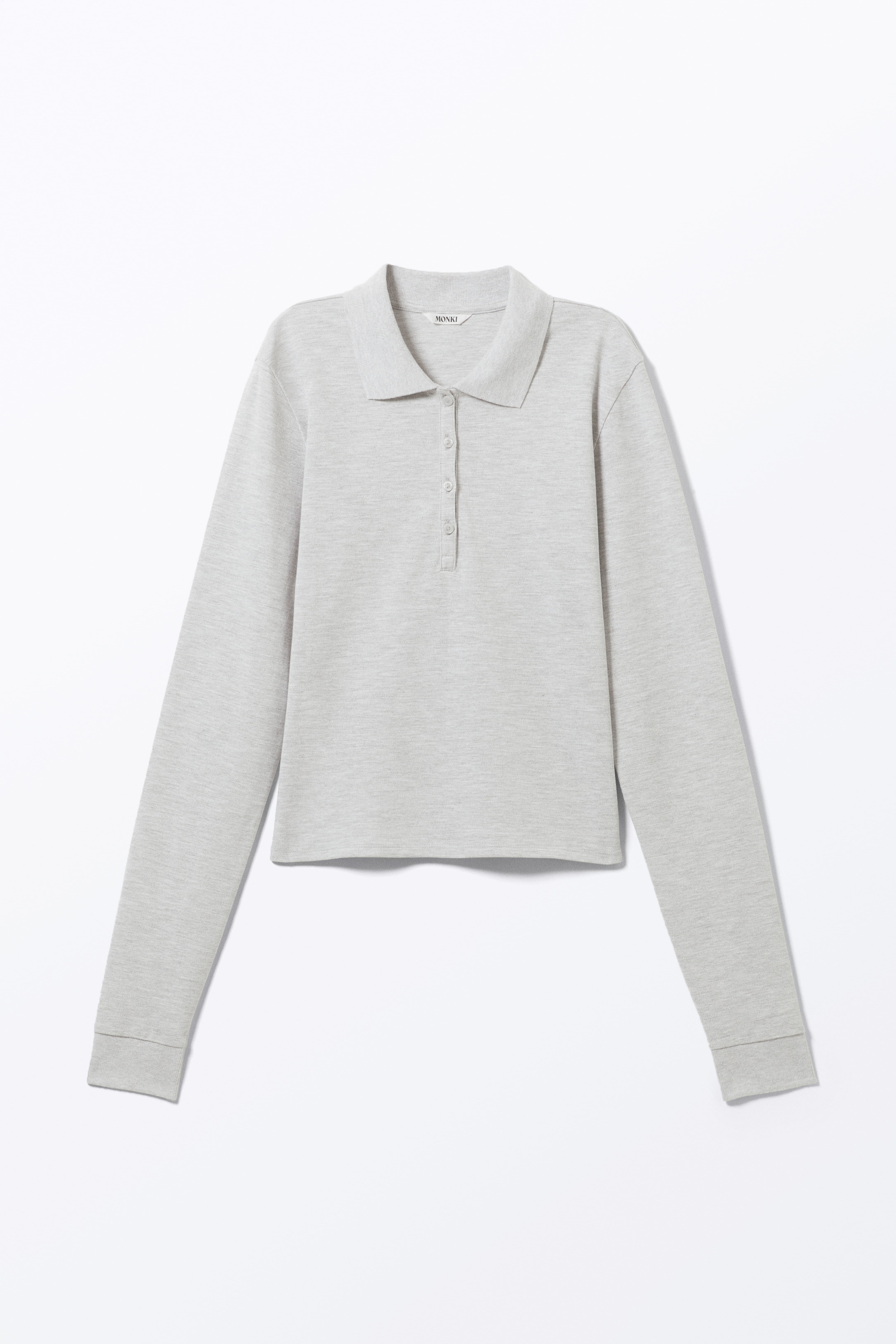 Long-Sleeved Polo Top - Light Grey Melange/Blue & Black Stripes