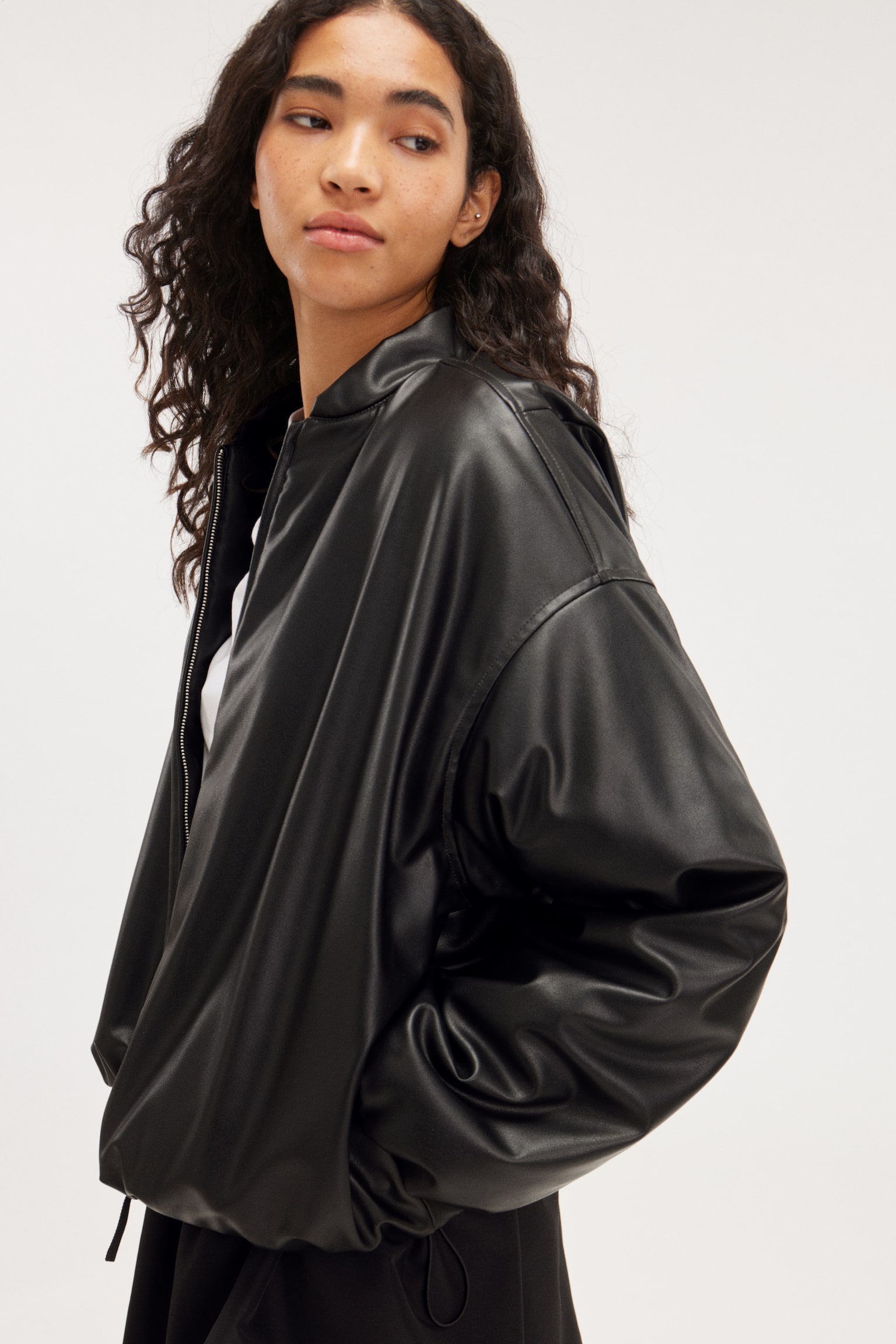 Faux Leather Bomber Jacket - Black - 1