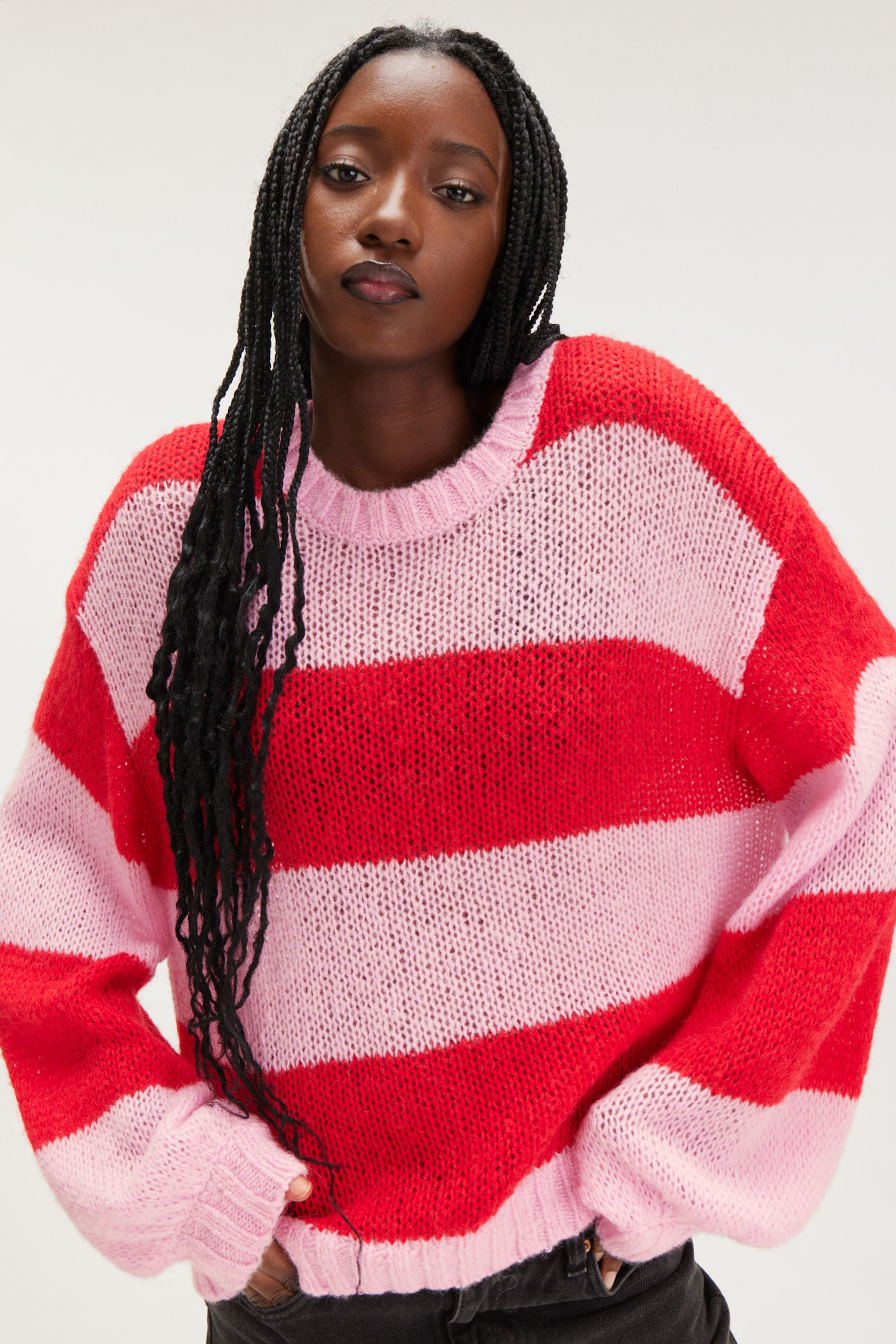 Oversized Sheer Knitted Sweater - Red & Pink Stripe/Dark Yellow & Pink Stripe - 1