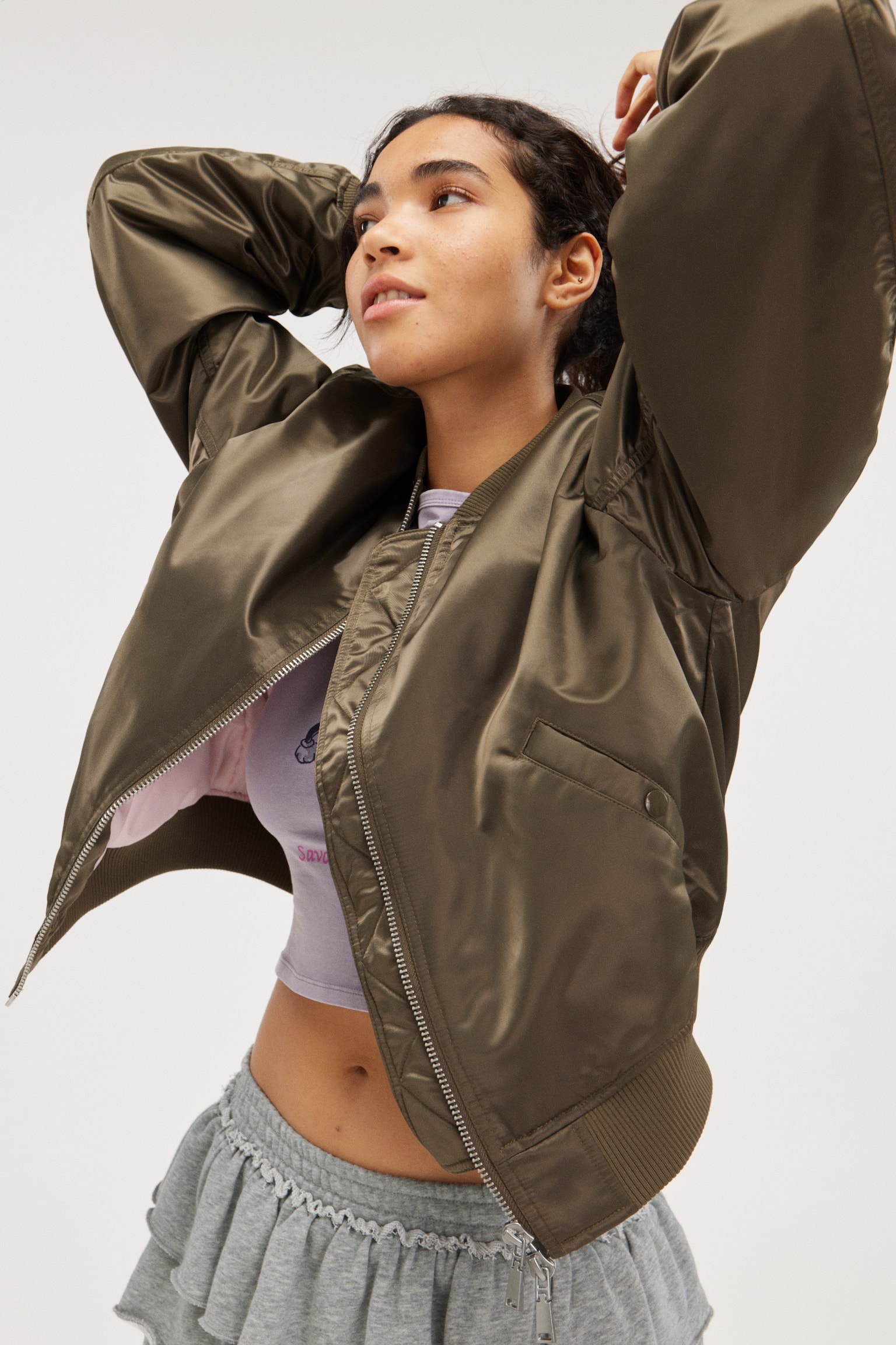 Loose Satin Bomber Jacket - Dark Khaki Green/Light Blue/Dark Brown - 4