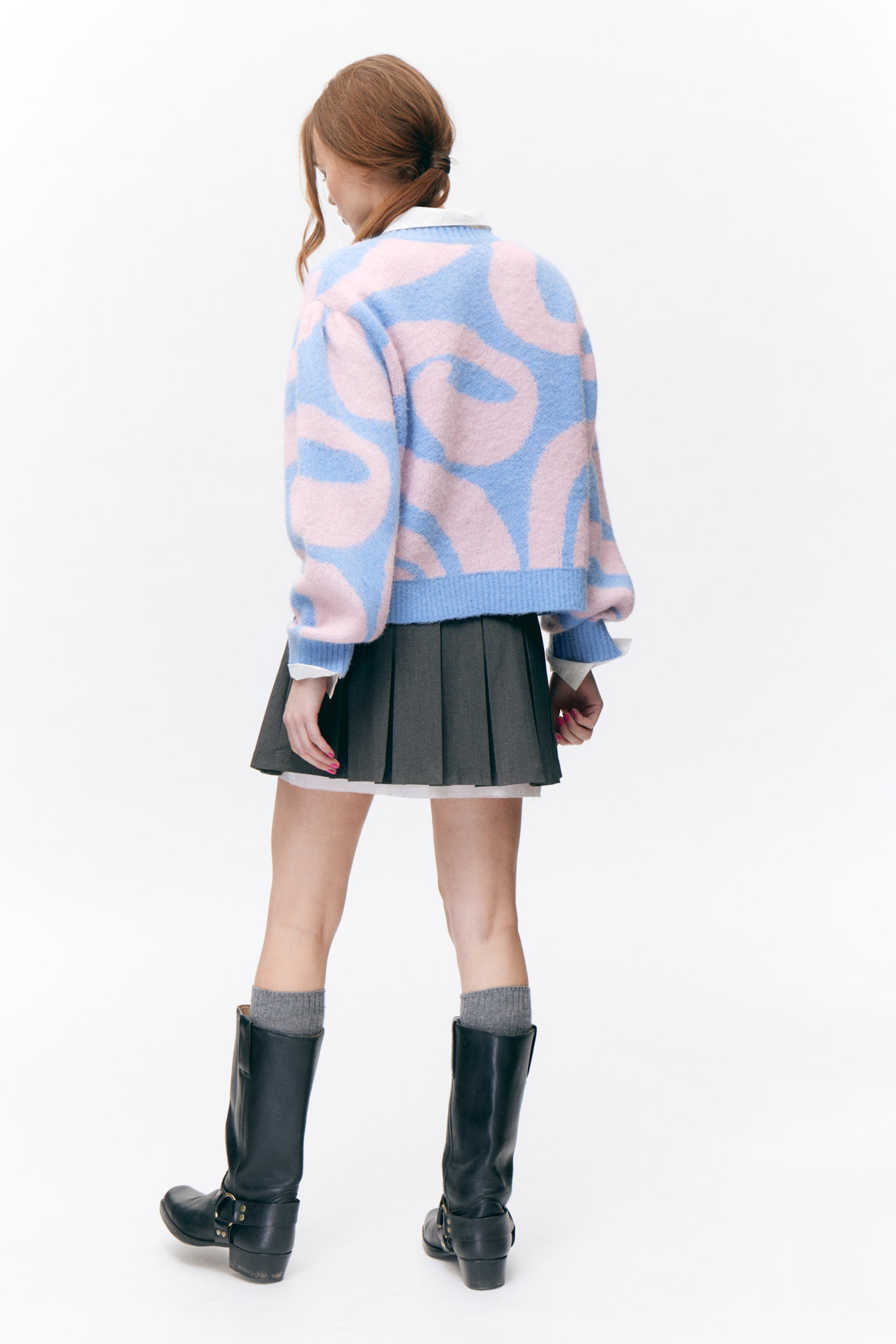 Knitted Puffy Sleeve Sweater - Blue - Pink Swirls/Purple - Black Swirls - 5