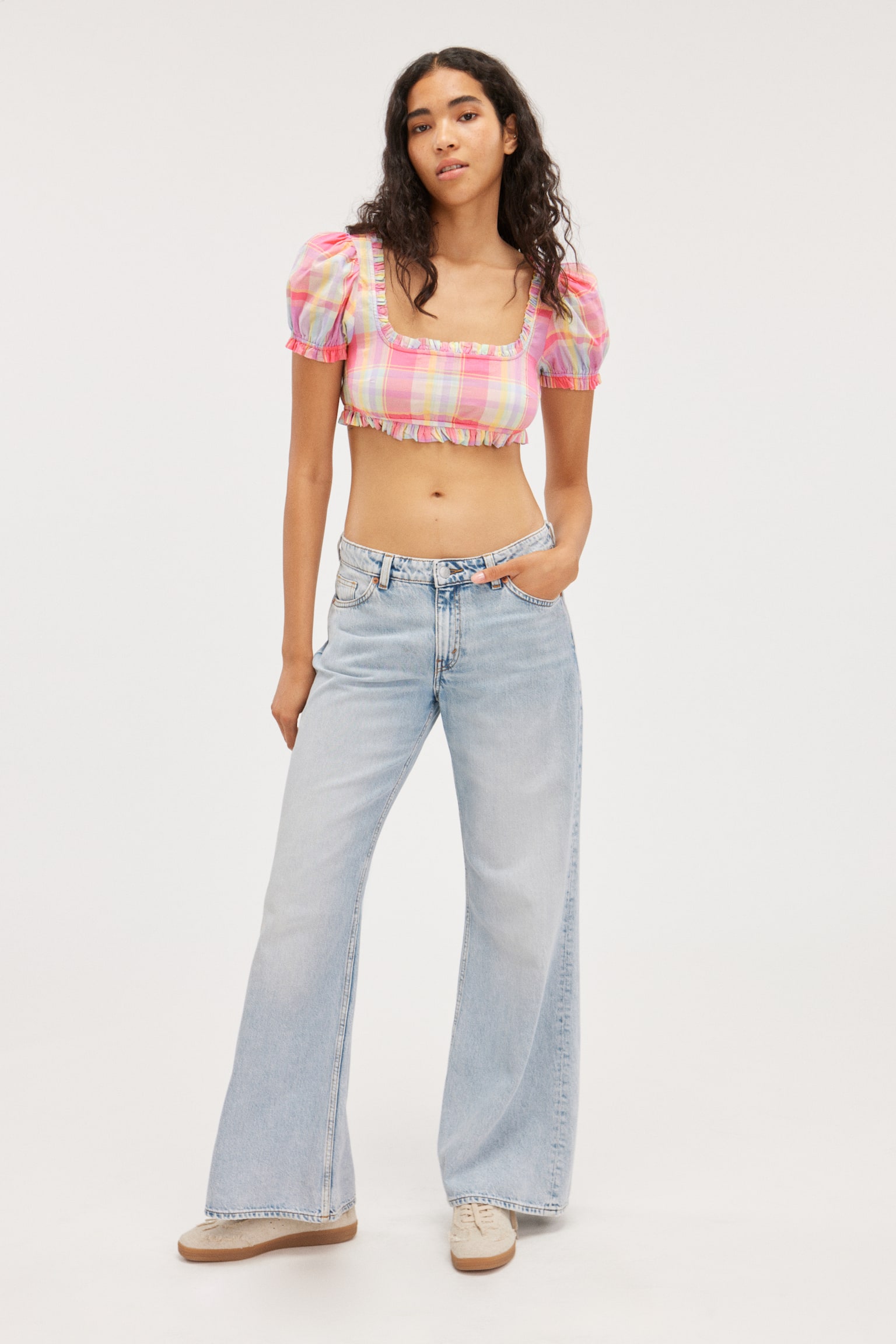 Cropped Puffy Sleeve Top - Pink/Yellow Check - 4