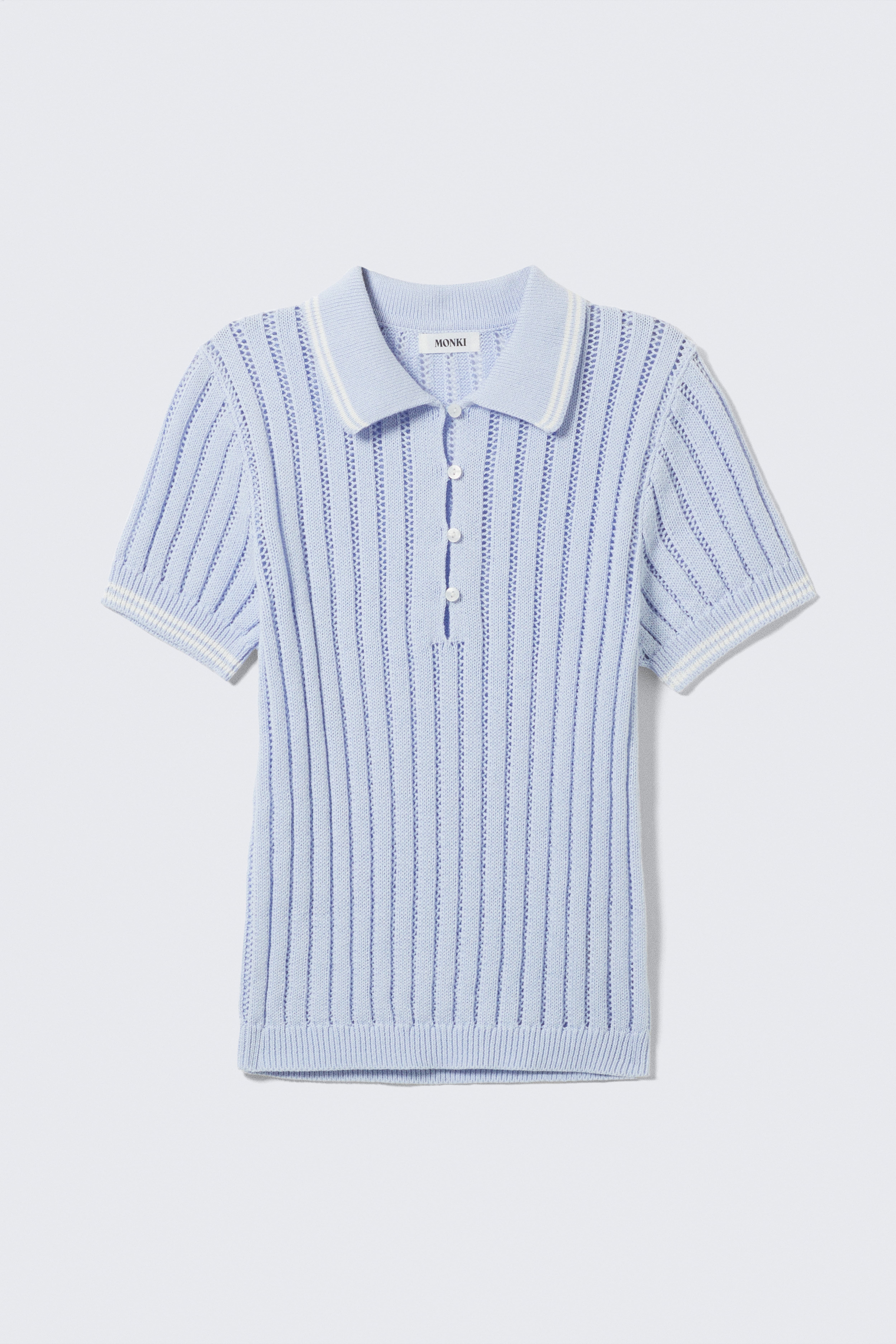 Knitted Short-Sleeved Cotton Polo Top - Light Blue - White Stripes/White - Red Stripes