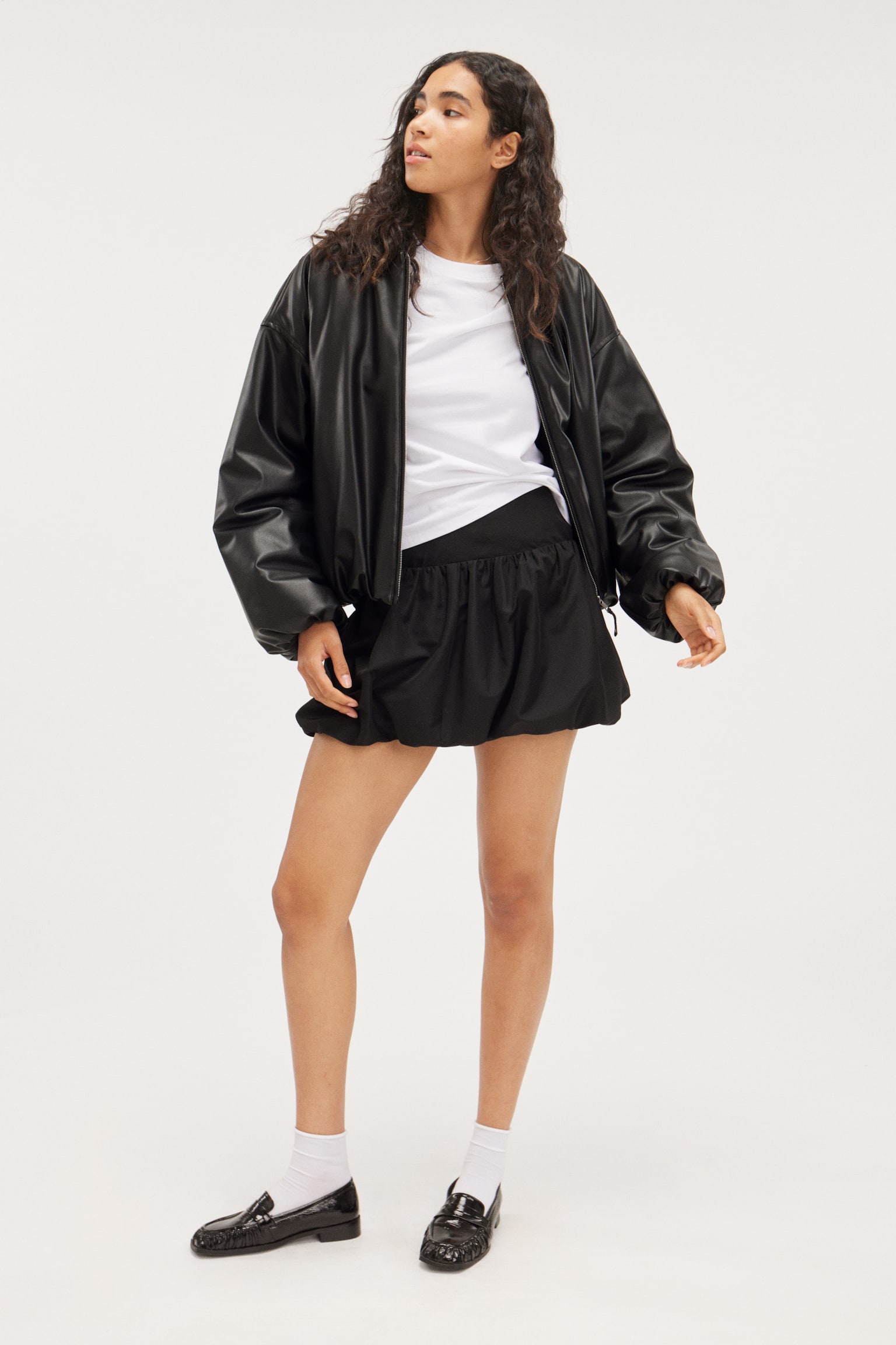 Faux Leather Bomber Jacket - Black - 4