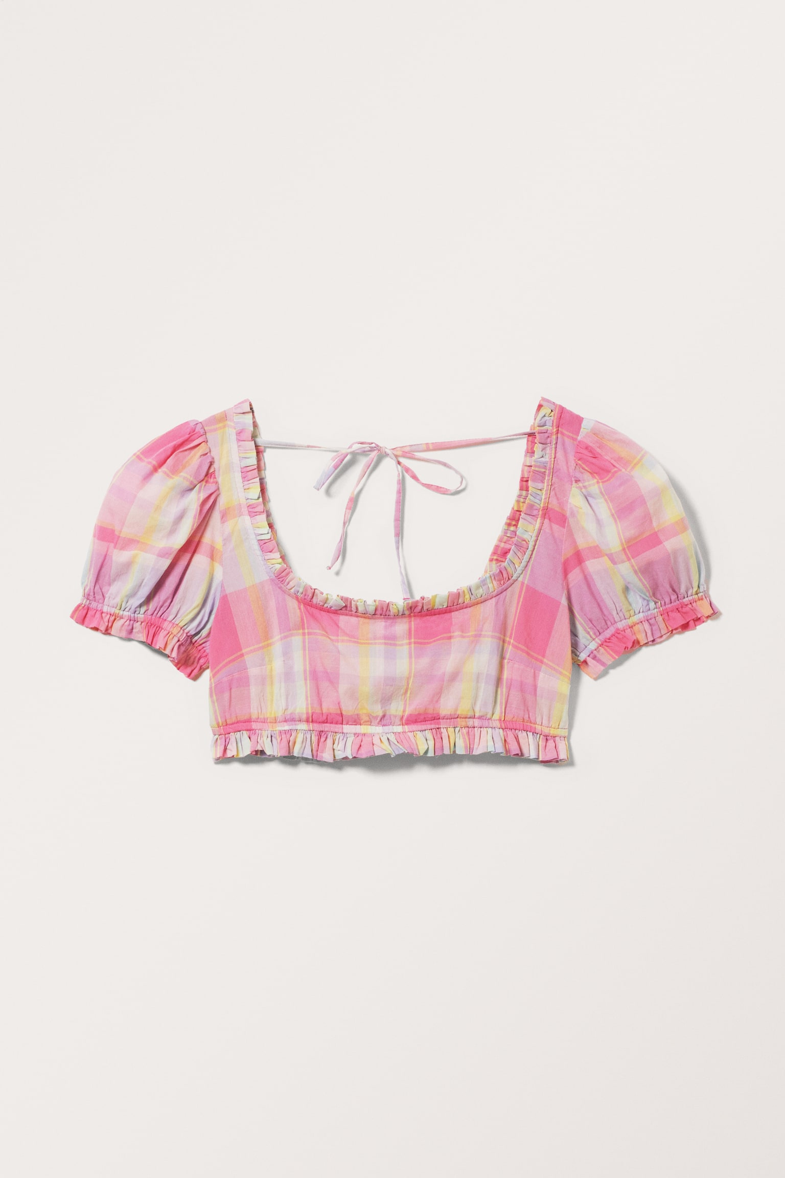 Cropped Puffy Sleeve Top - Pink/Yellow Check - 2