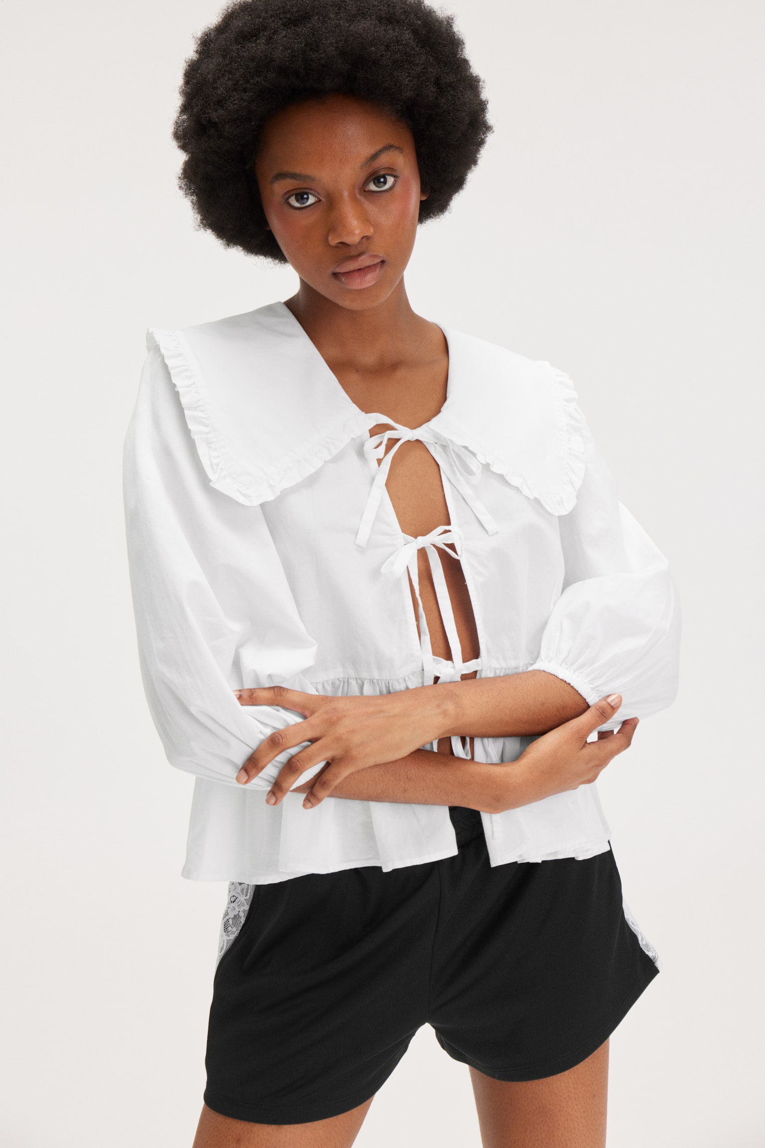 Peplum Poplin Cotton Blouse - White/Black - 1