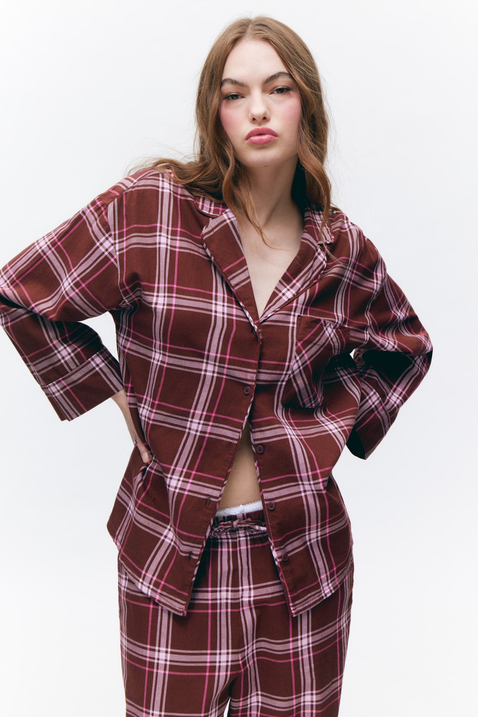 Soft Long-Sleeved Flannel Shirt - Dark Red Check/Light Beige Check/White - 5