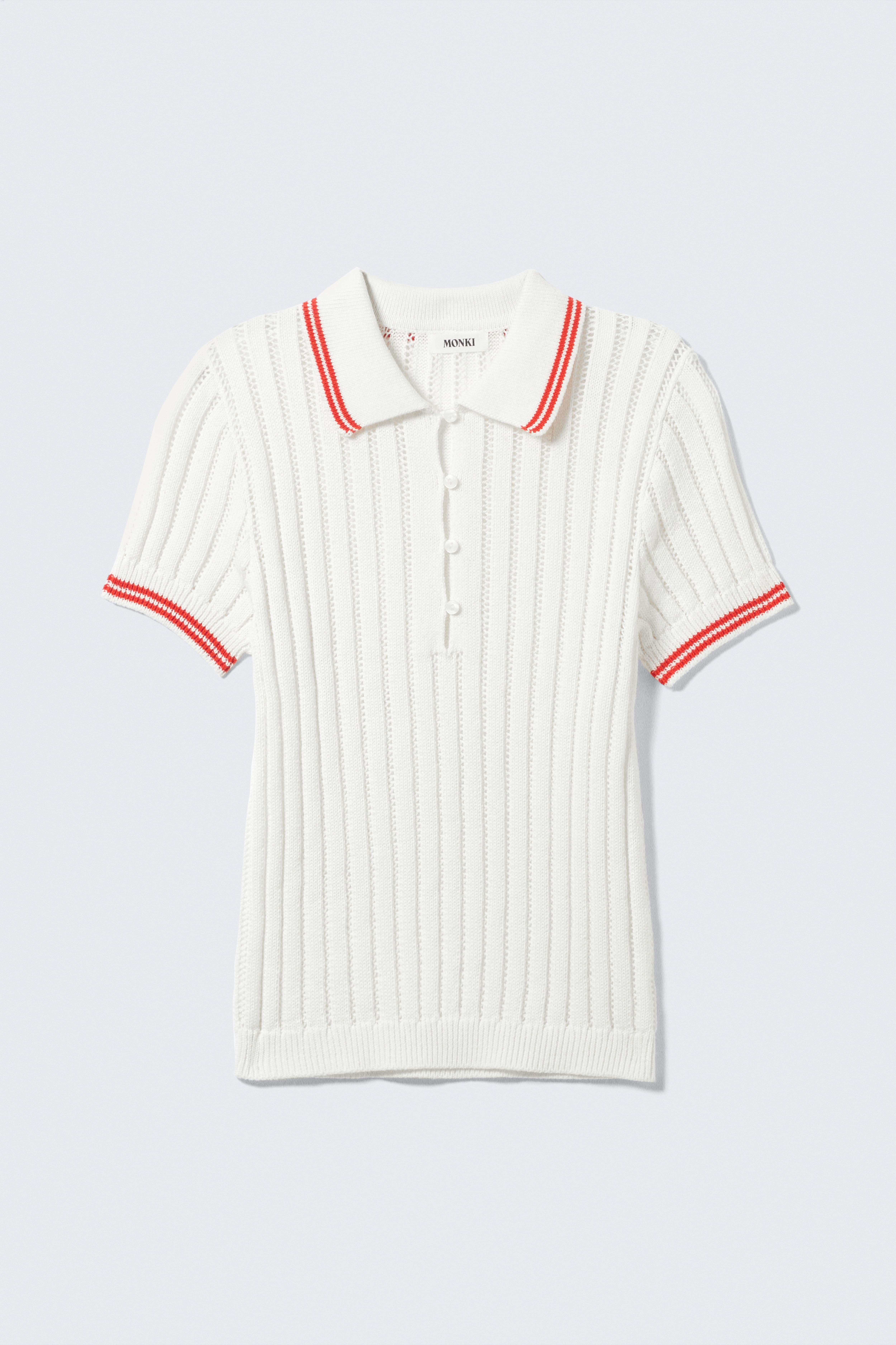 Knitted Short-Sleeved Cotton Polo Top - White - Red Stripes/Light Blue - White Stripes