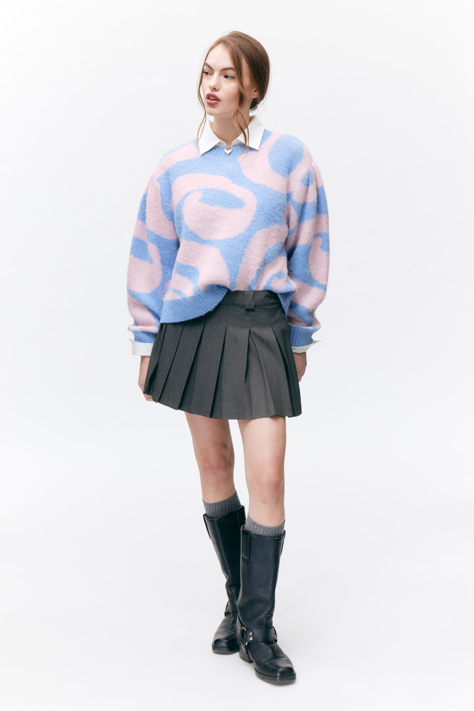 Knitted Puffy Sleeve Sweater - Blue - Pink Swirls/Purple - Black Swirls - 4