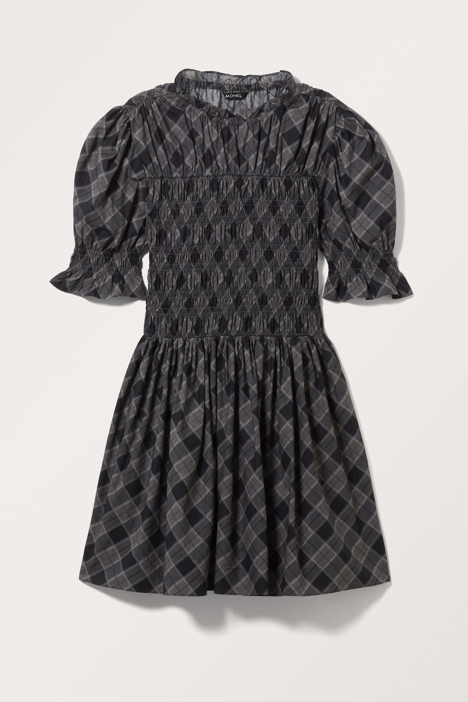 Puffy Smocked Mini Dress - Dark Grey Check/White - 2