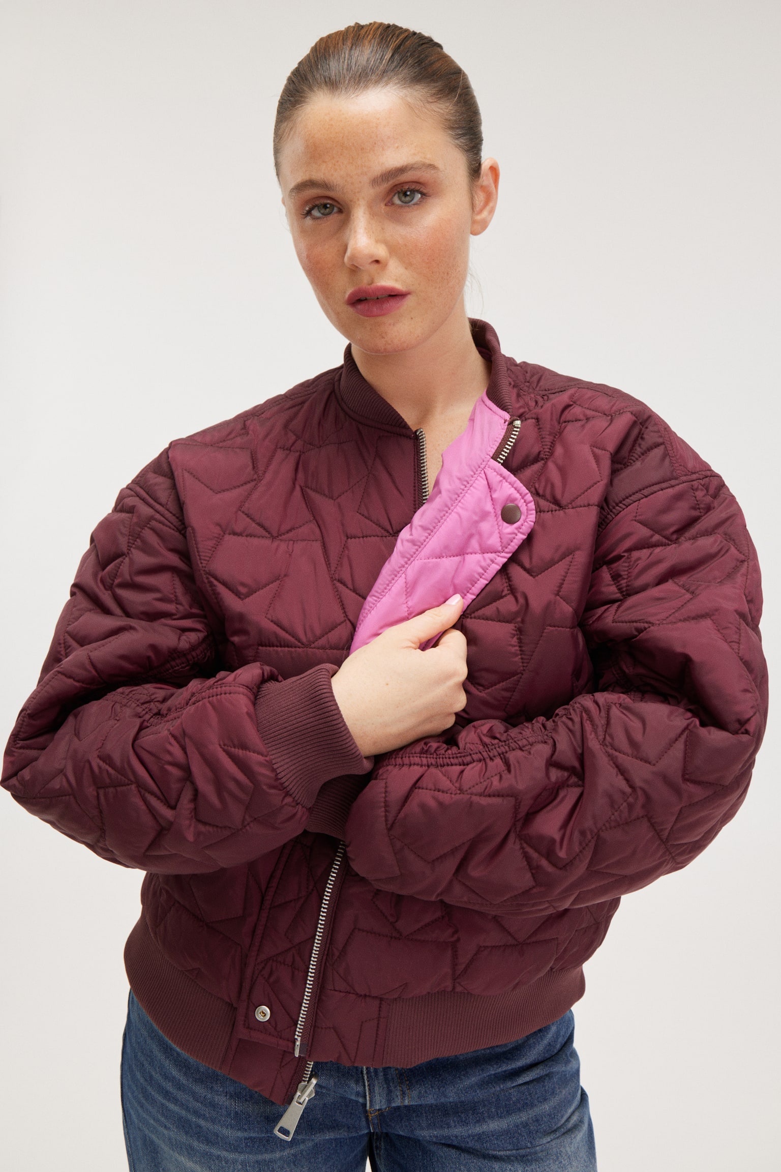 Loose Reversible Bomber Jacket - Dark Red/Hot Pink/Leopard/Black - 6