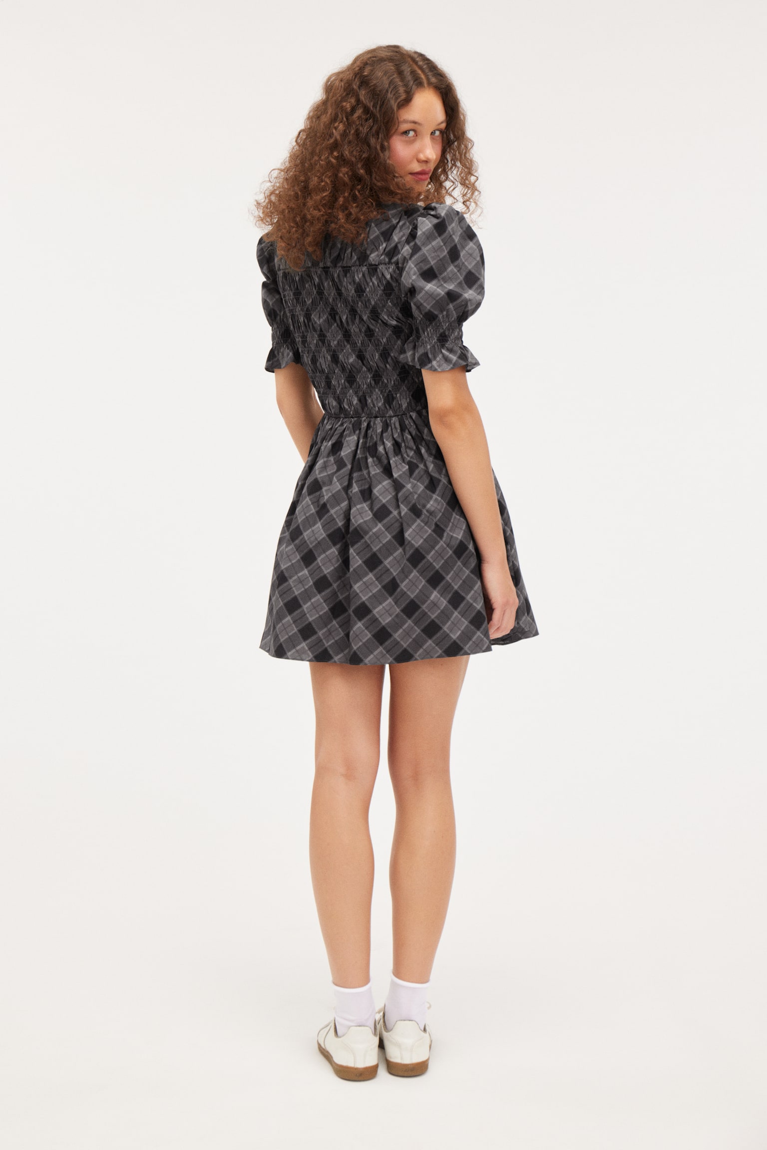 Puffy Smocked Mini Dress - Dark Grey Check/White - 3