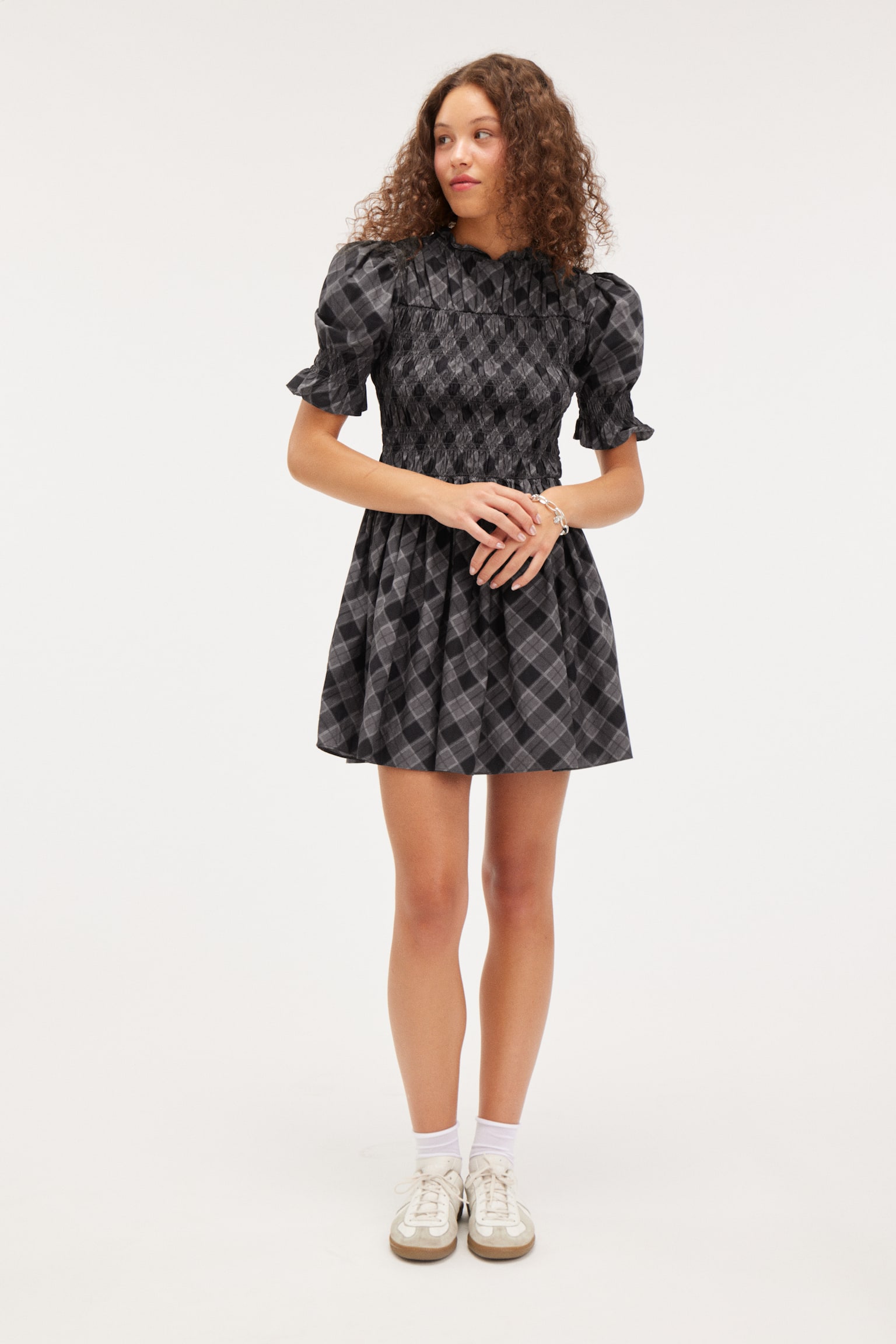 Puffy Smocked Mini Dress - Dark Grey Check/White - 1