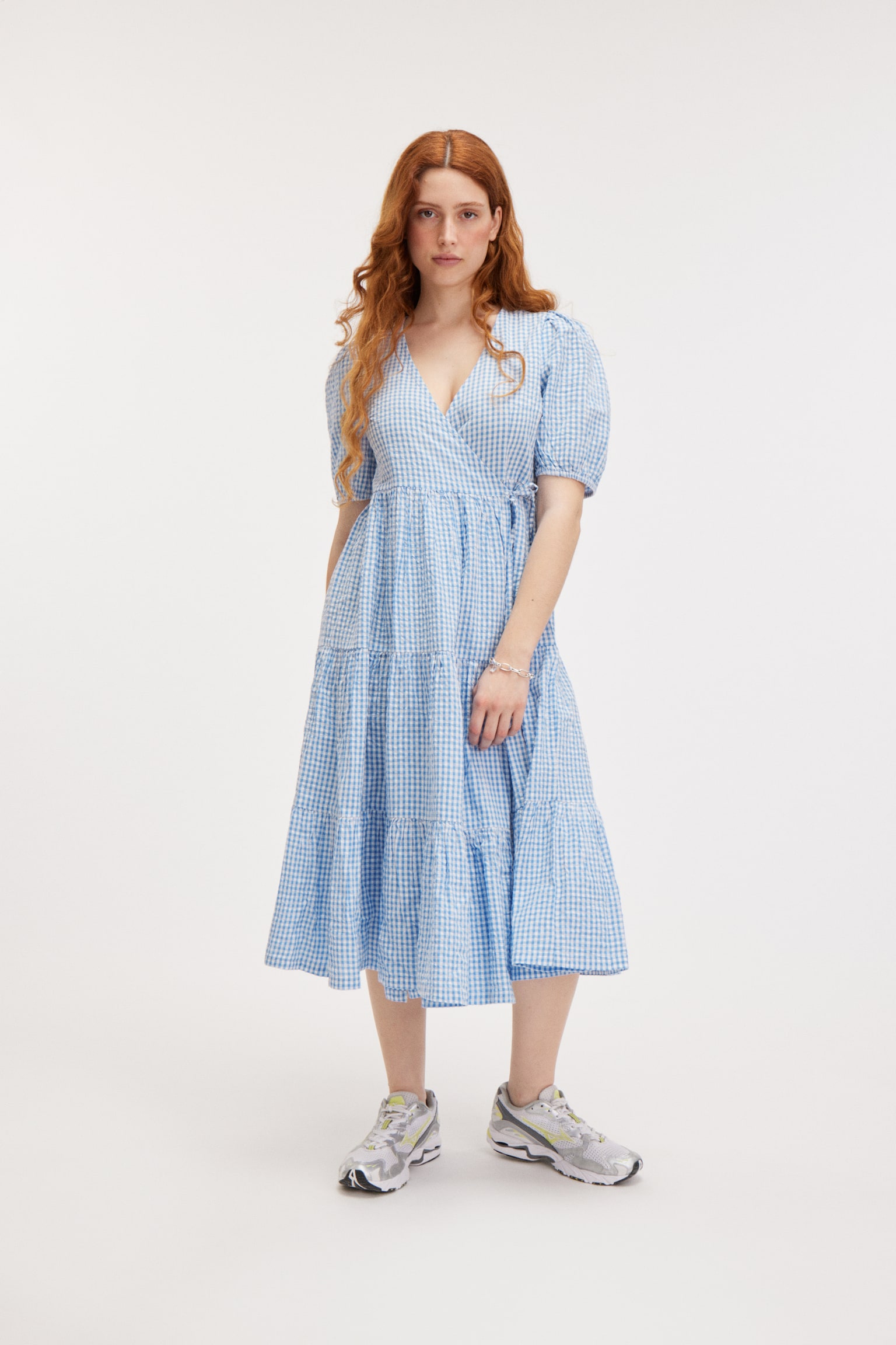 Short Sleeve Maxi Wrap Dress - Light Blue Check/Black Check - 1