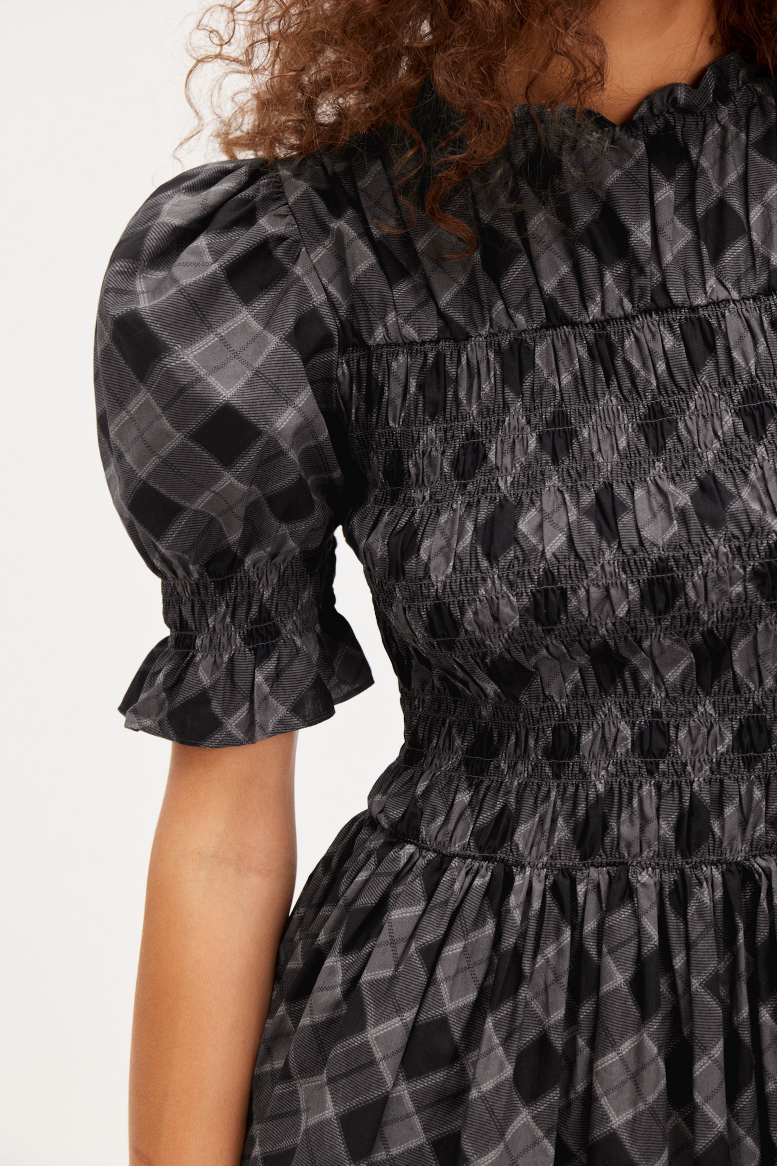 Puffy Smocked Mini Dress - Dark Grey Check/White - 5