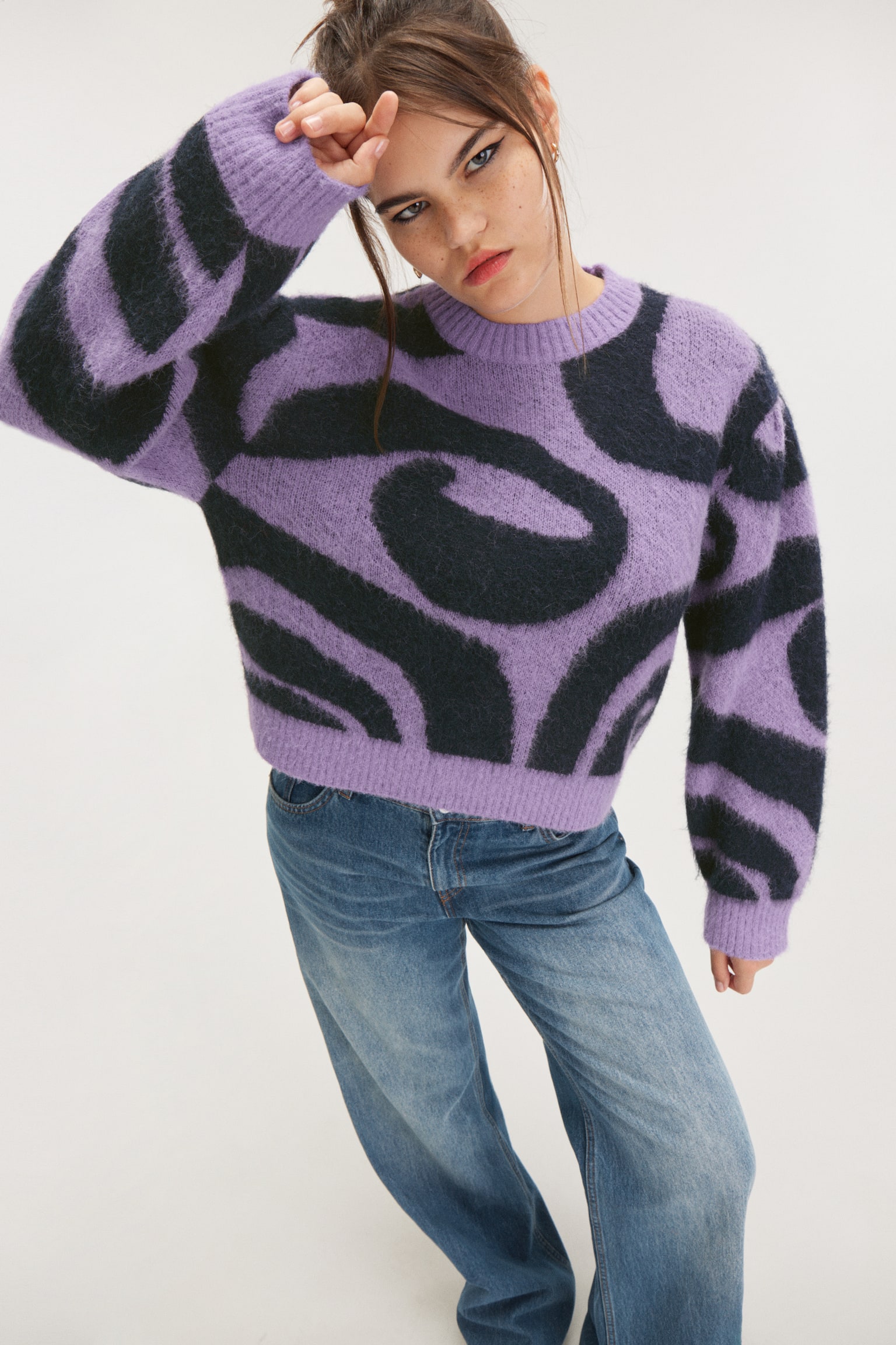 Knitted Puffy Sleeve Sweater - Purple - Black Swirls/Blue - Pink Swirls - 3