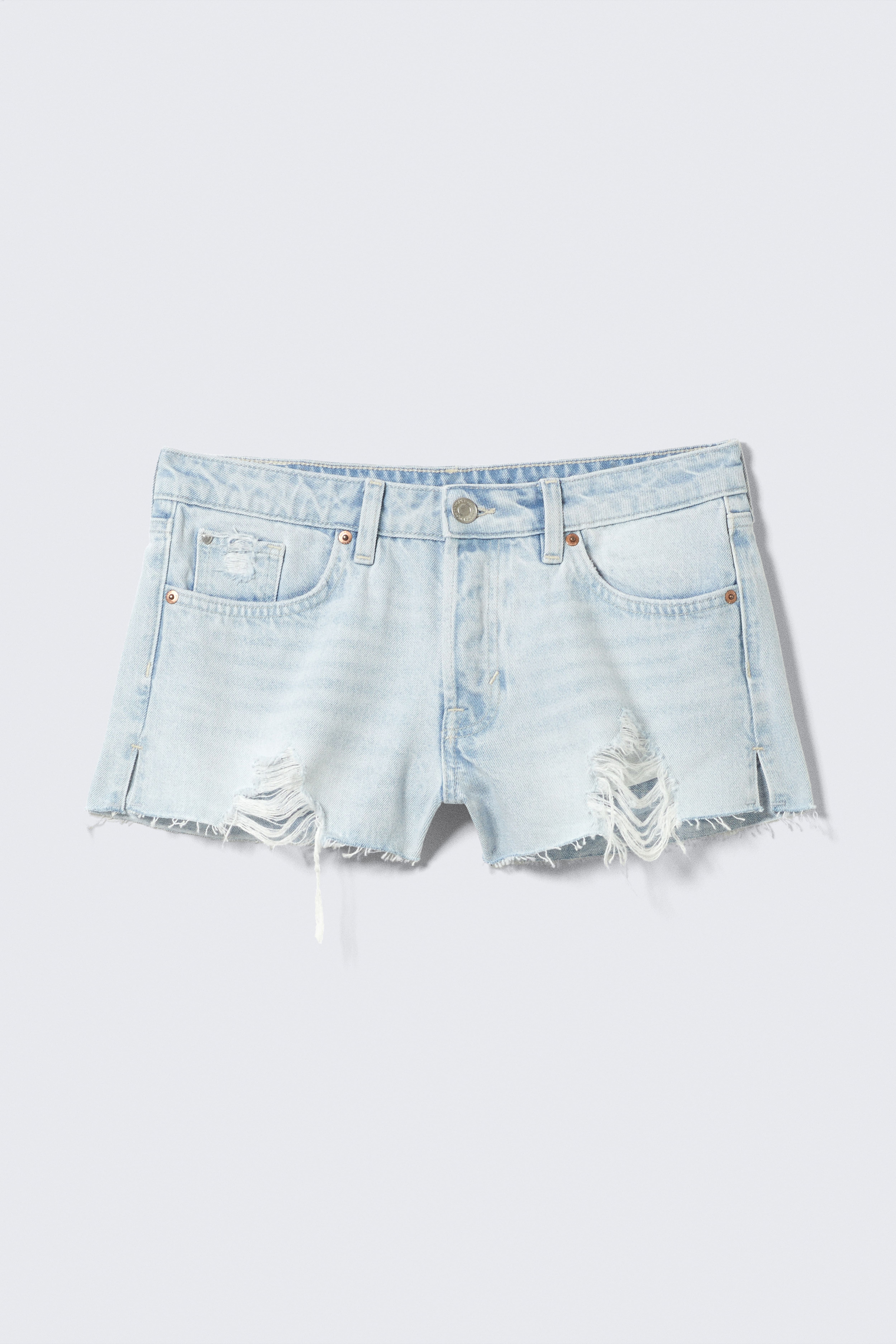 Low Rise Raw Hem Mini Denim Shorts - Fluid Blue - Light Blue/Mountain Blue - Dark Blue