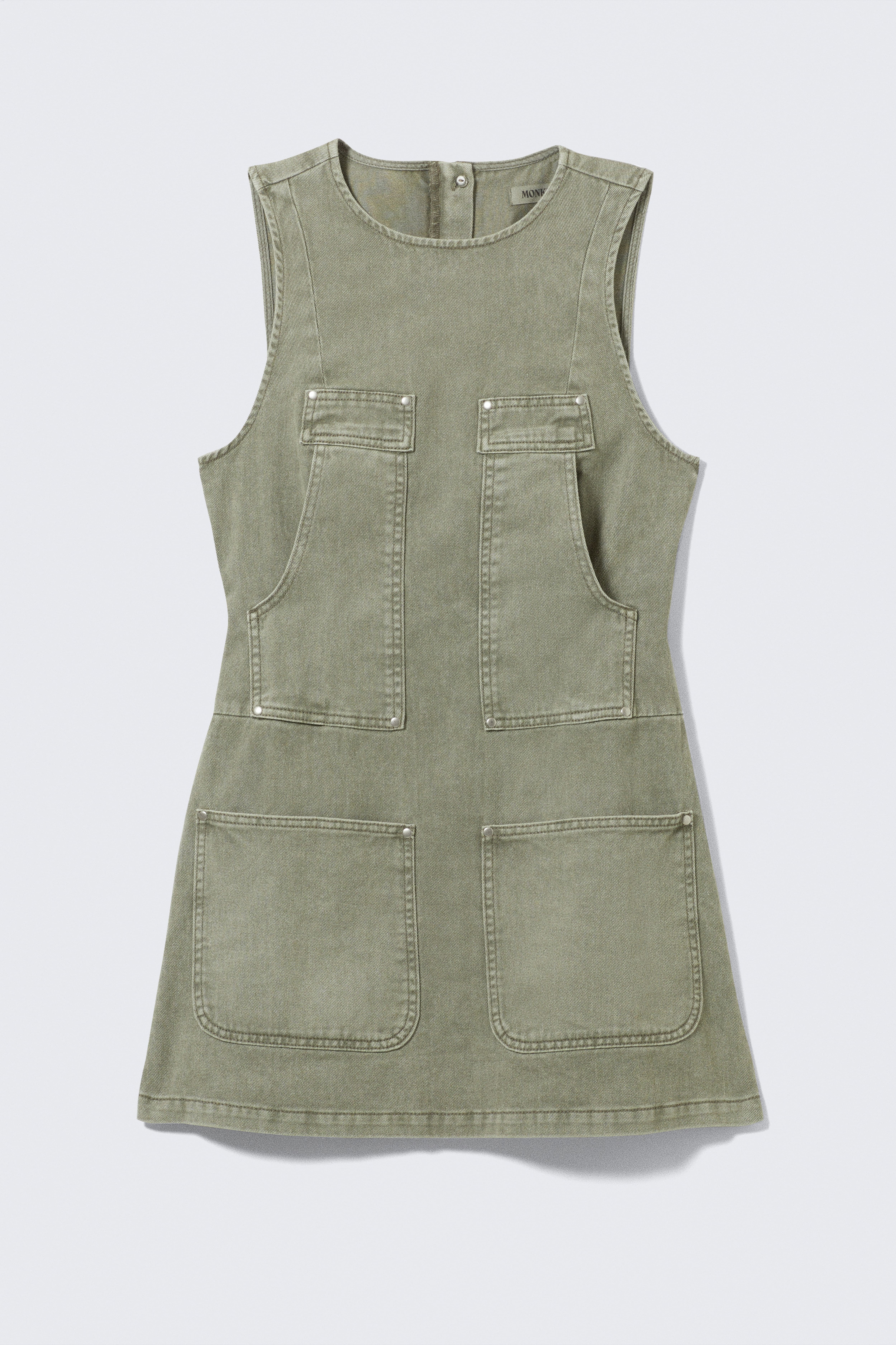 Sleeveless Utility Cotton Twill Dress - Khaki Green/Washed Blue