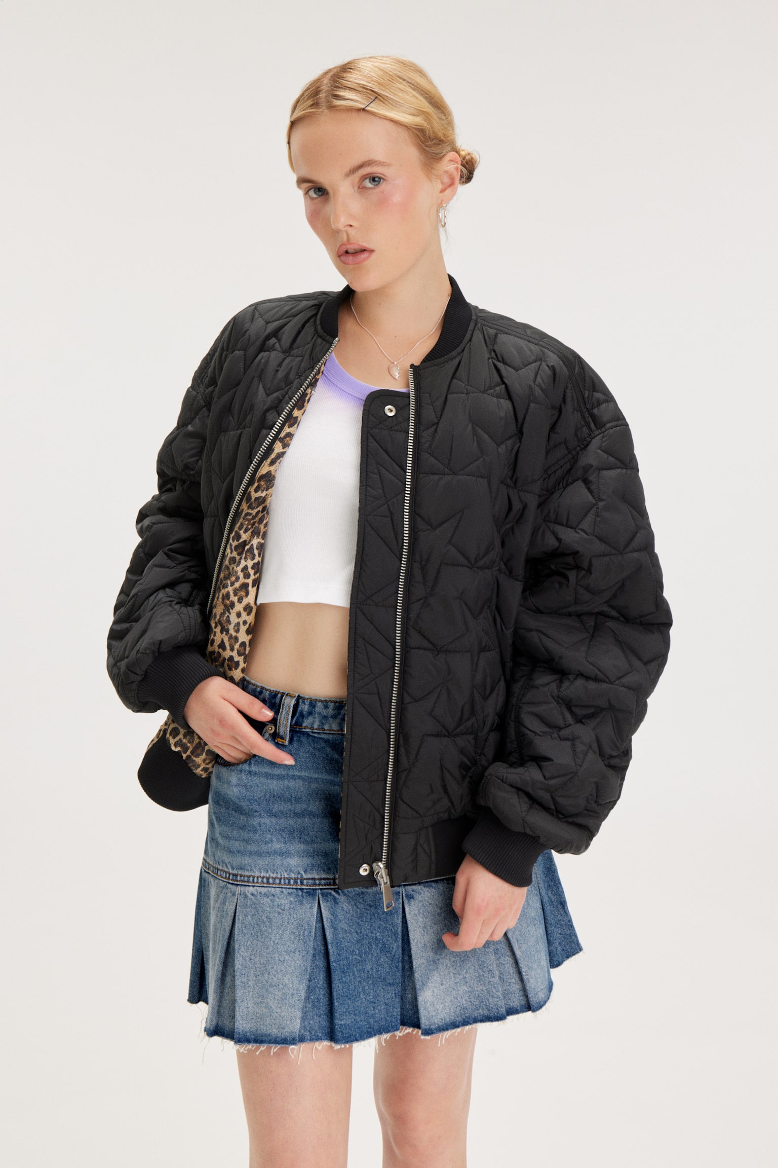 Loose Reversible Bomber Jacket - Leopard/Black/Dark Red/Hot Pink - 1