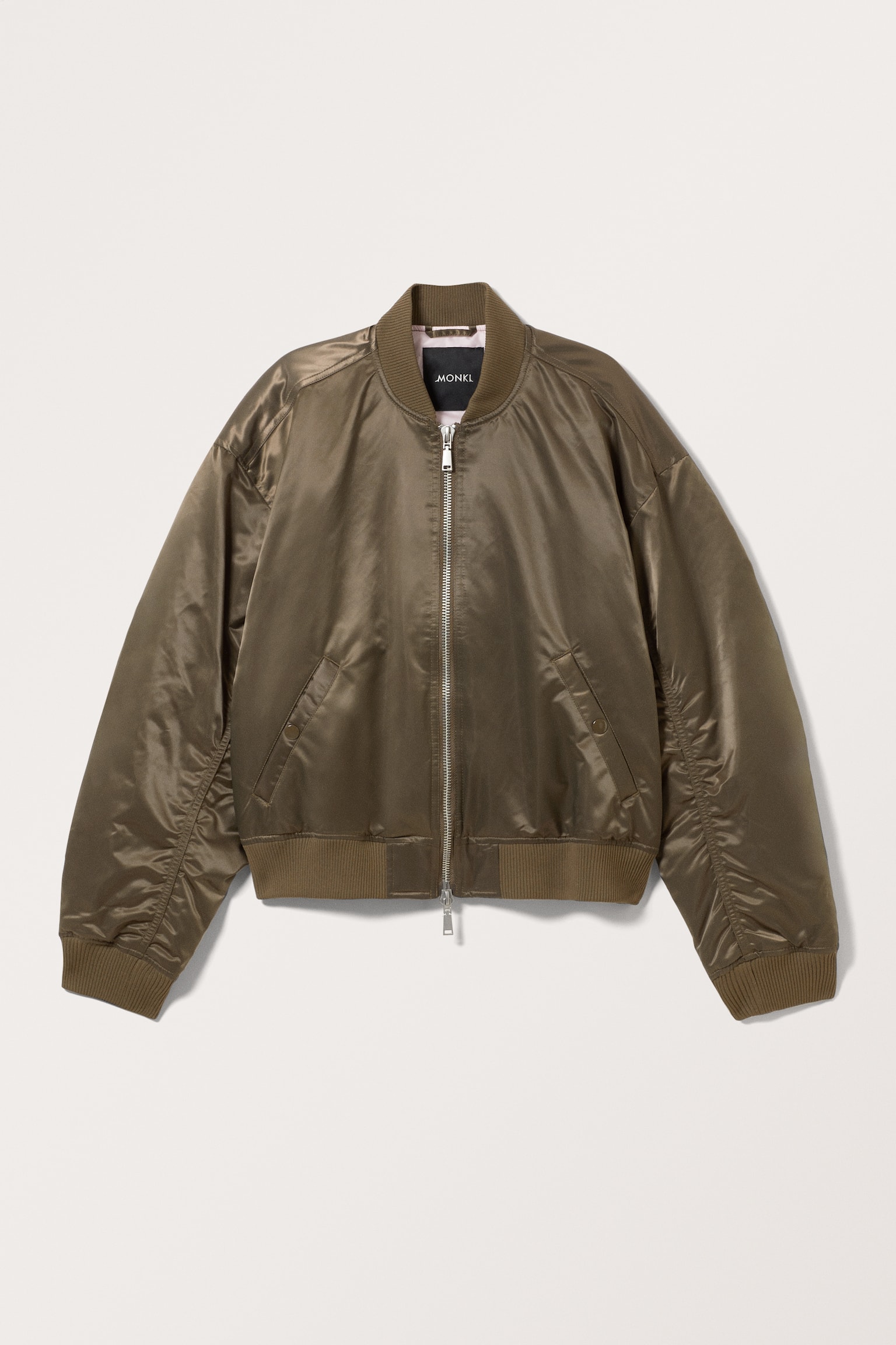 Loose Satin Bomber Jacket - Dark Khaki Green/Light Blue/Dark Brown - 2