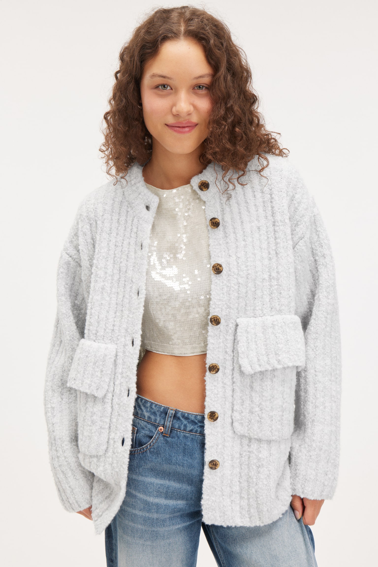 Loose Knitted Cardigan - Dusty Grey/Dusty White - 7