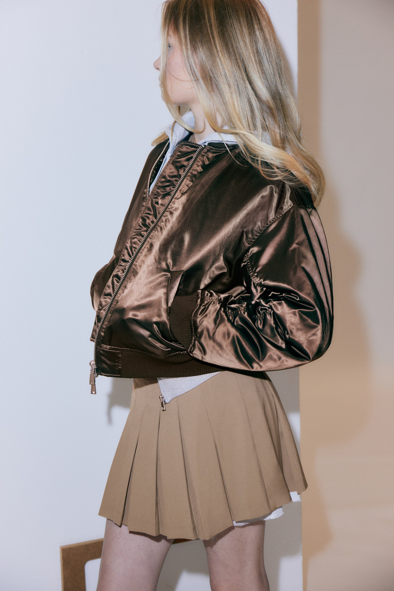 Loose Satin Bomber Jacket - Dark Brown/Dark Khaki Green/Light Blue - 4