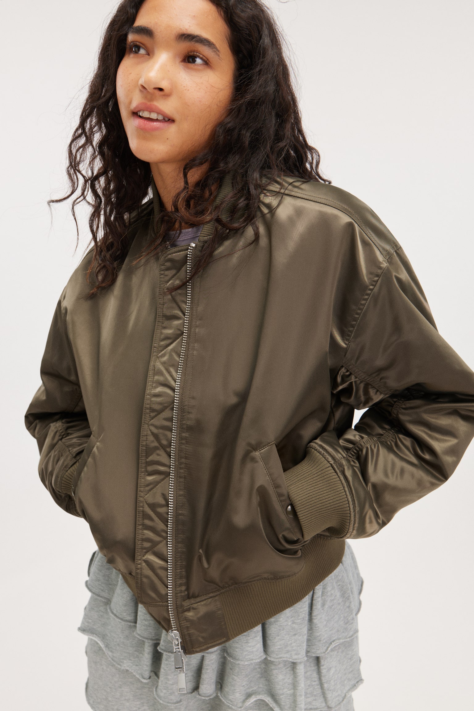 Loose Satin Bomber Jacket - Dark Khaki Green/Light Blue/Dark Brown - 1